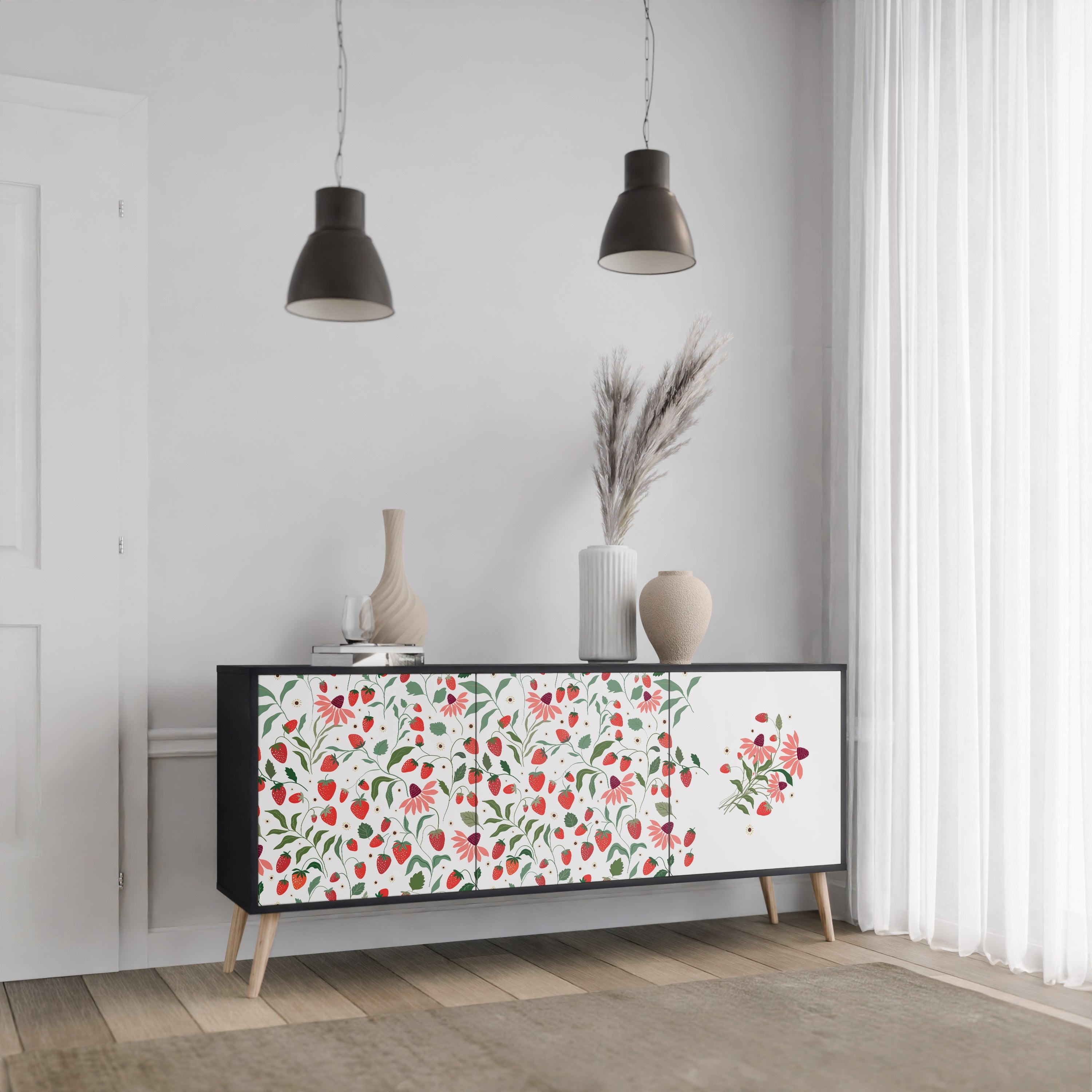FLOWERS AND STRAWBERRIES 3-türiges Sideboard in Schwarz