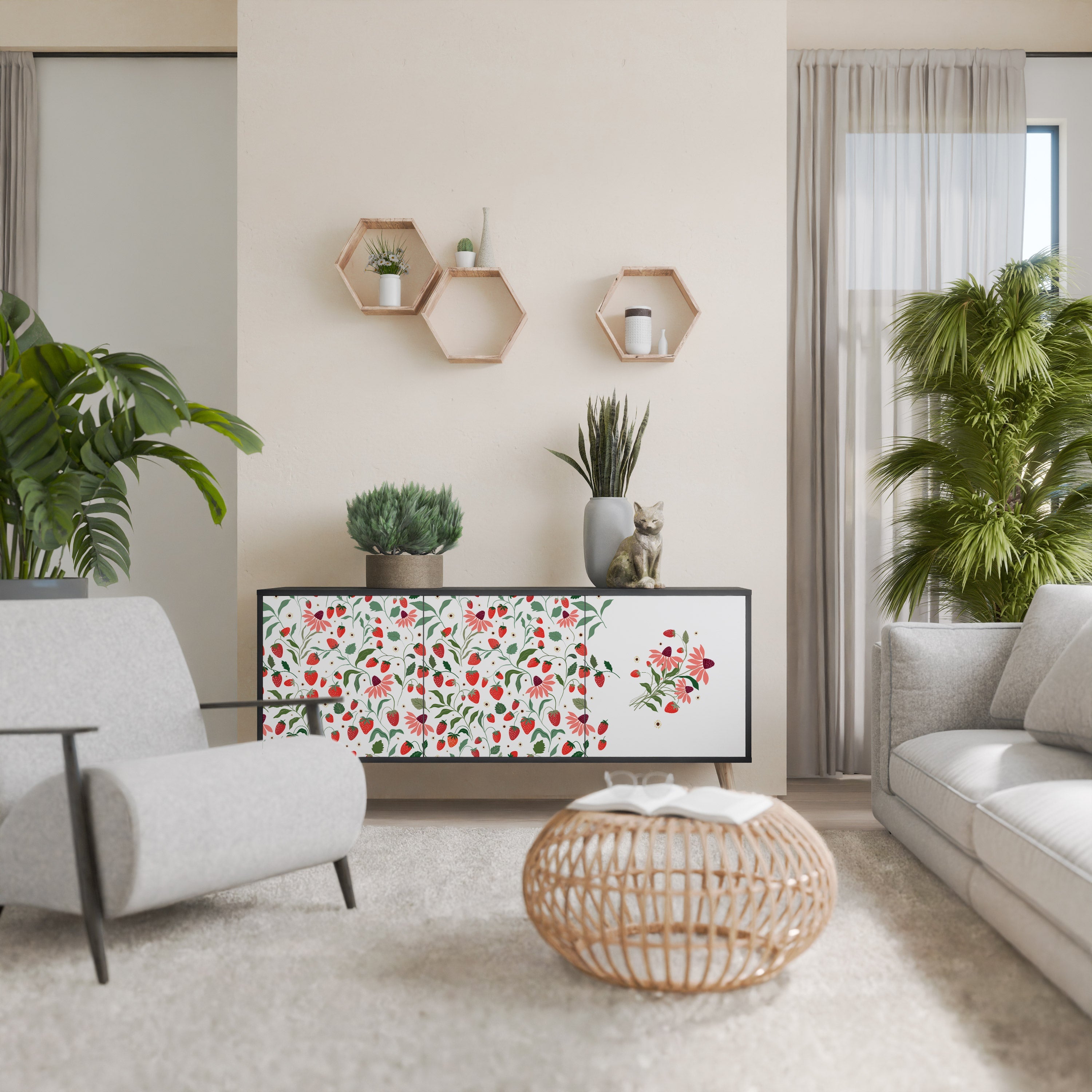 FLOWERS AND STRAWBERRIES 3-türiges Sideboard in Schwarz