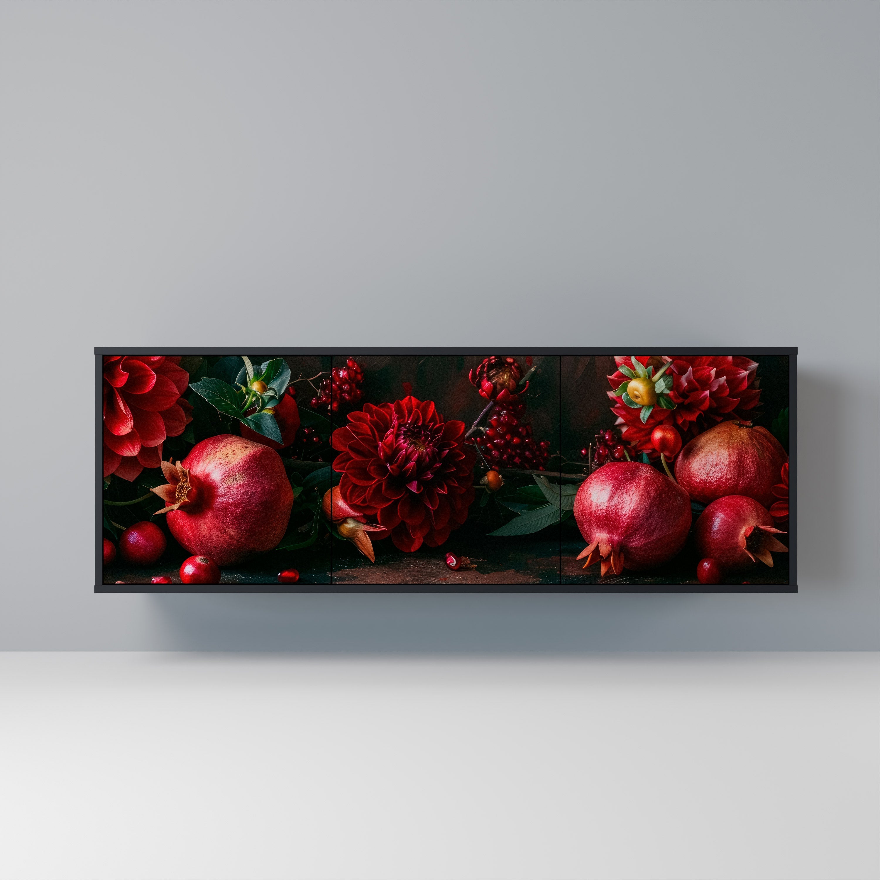 DAHLIAS AND POMEGRANATES Sideboard mit 3 Türen, schwarzes Finish