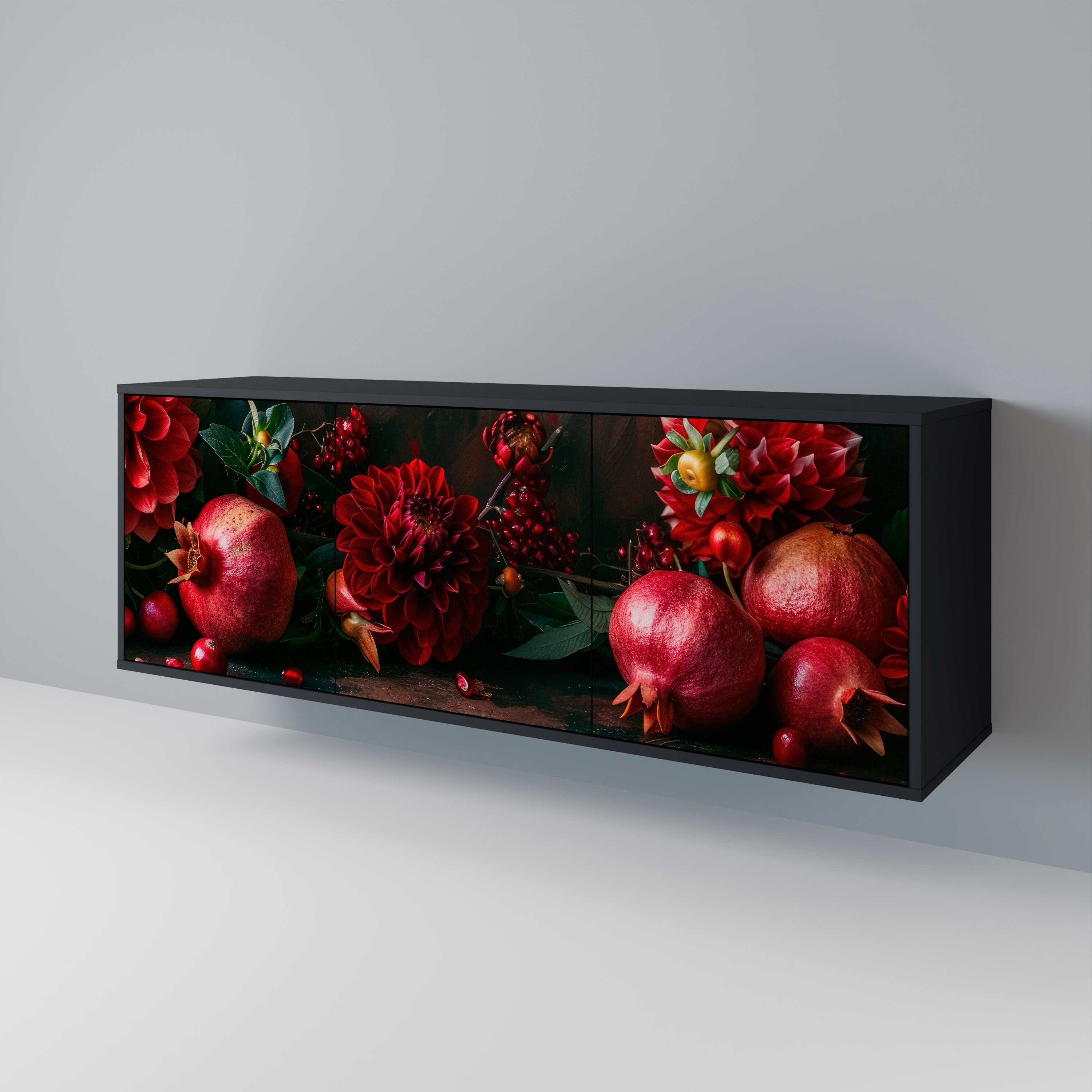 DAHLIAS AND POMEGRANATES Sideboard mit 3 Türen, schwarzes Finish