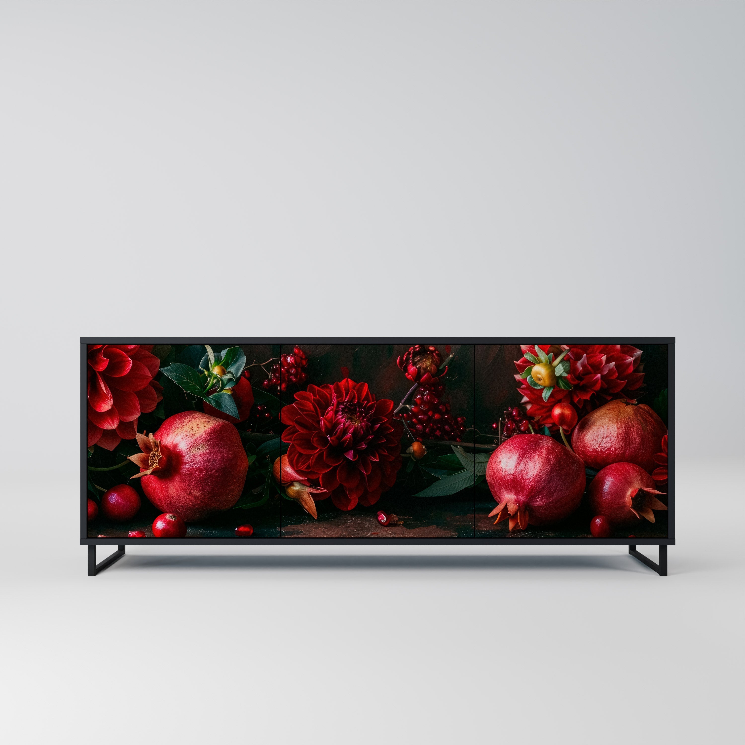 DAHLIAS AND POMEGRANATES Sideboard mit 3 Türen, schwarzes Finish