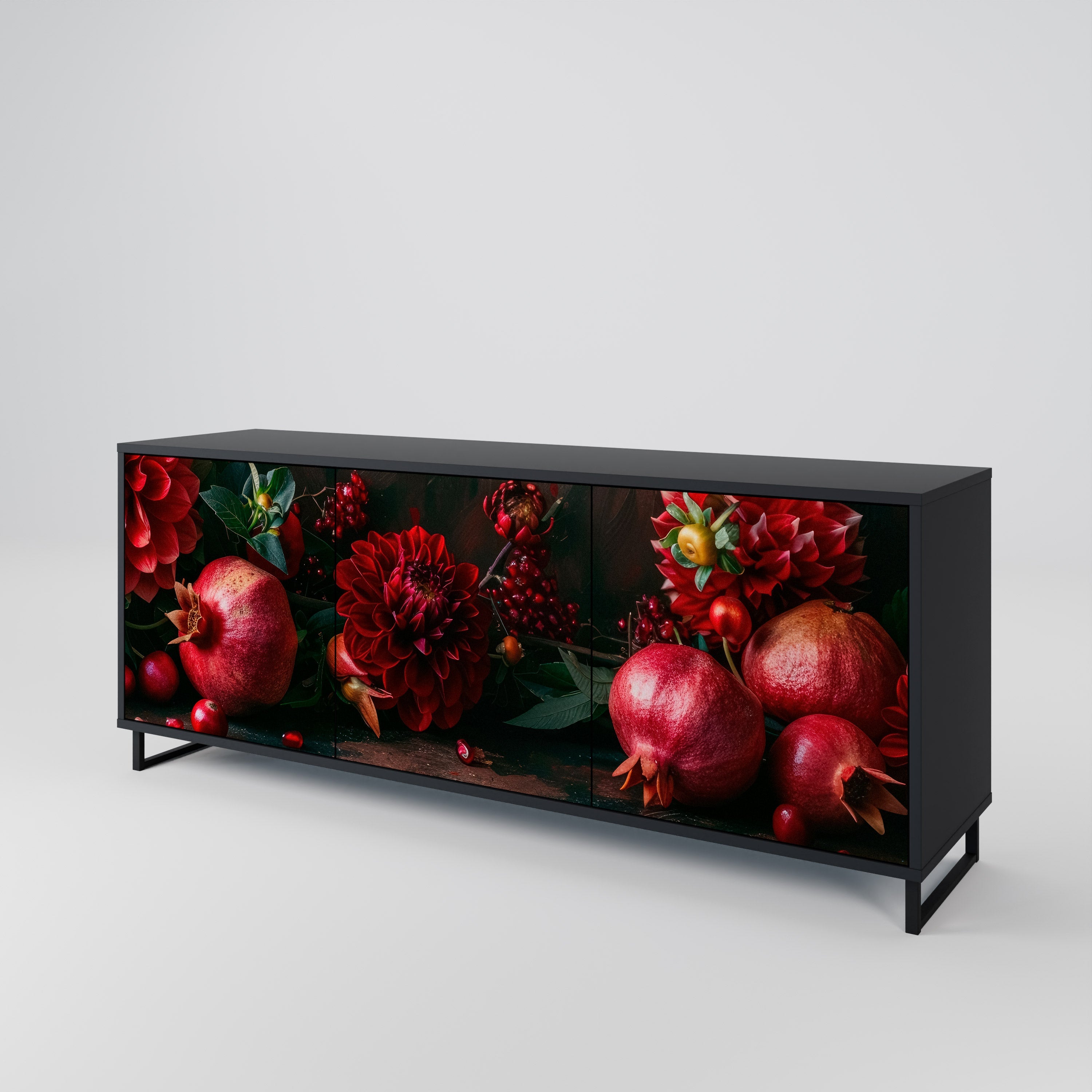 DAHLIAS AND POMEGRANATES Sideboard mit 3 Türen, schwarzes Finish