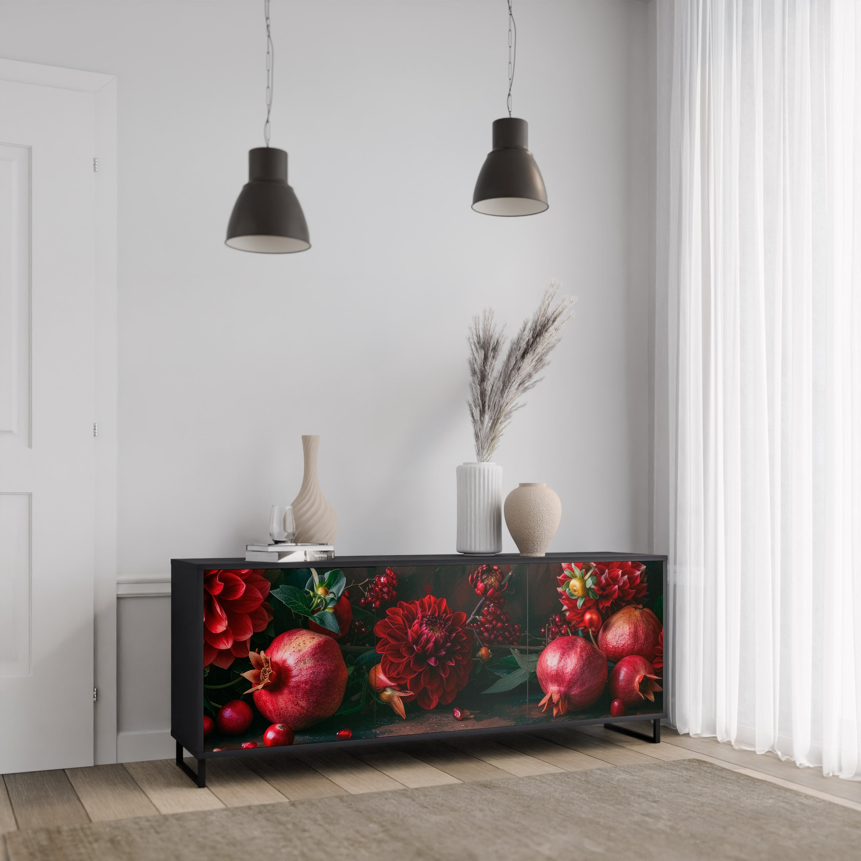 DAHLIAS AND POMEGRANATES Sideboard mit 3 Türen, schwarzes Finish
