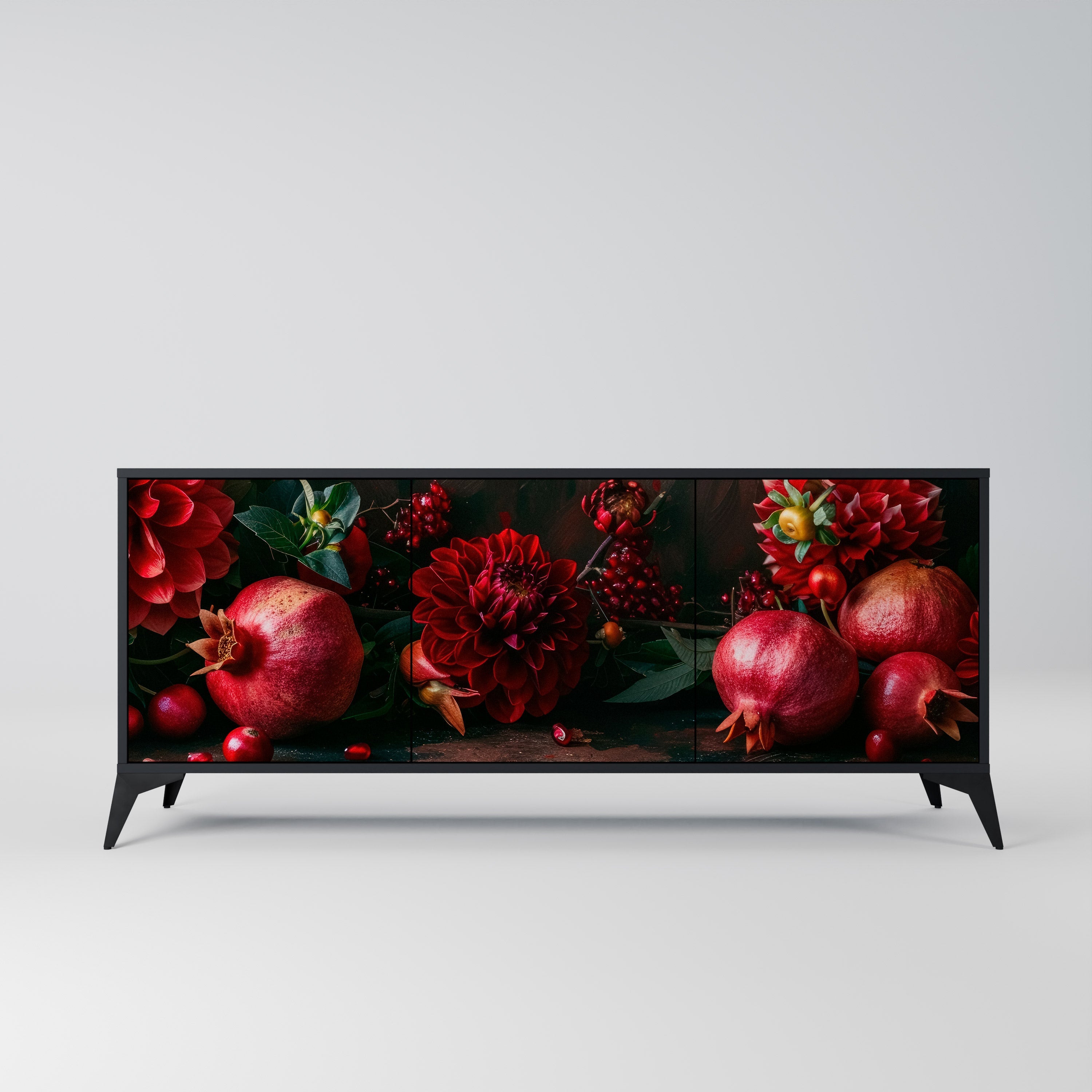 DAHLIAS AND POMEGRANATES Sideboard mit 3 Türen, schwarzes Finish