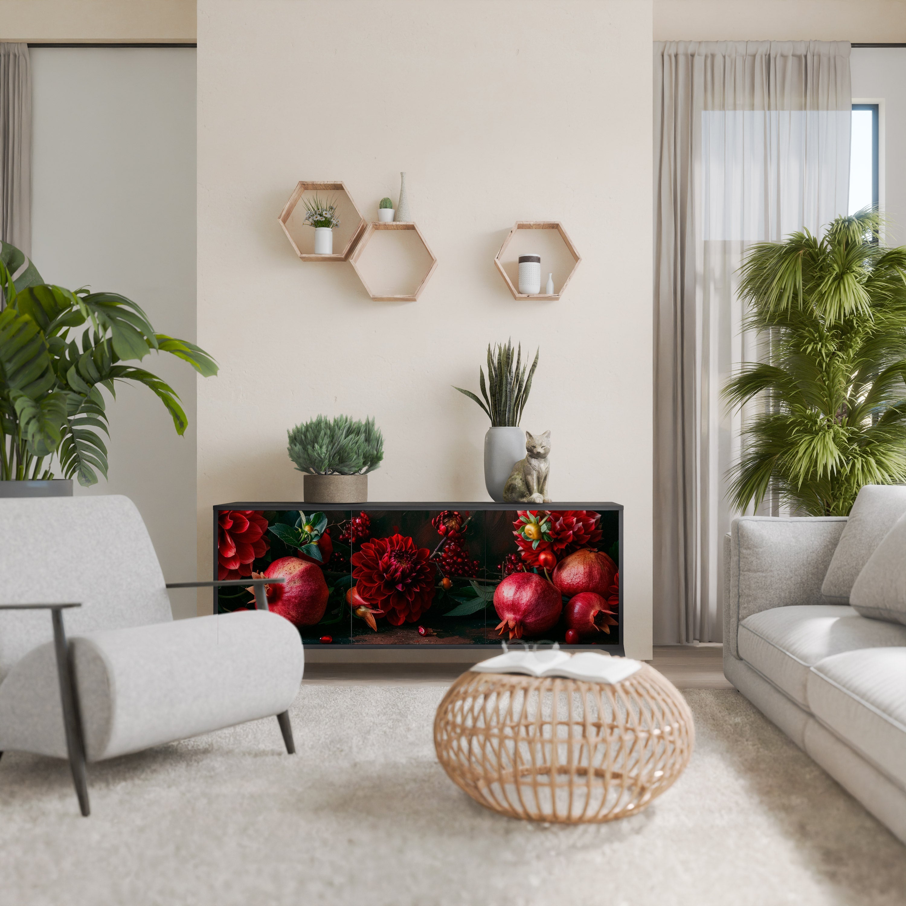 DAHLIAS AND POMEGRANATES Sideboard mit 3 Türen, schwarzes Finish