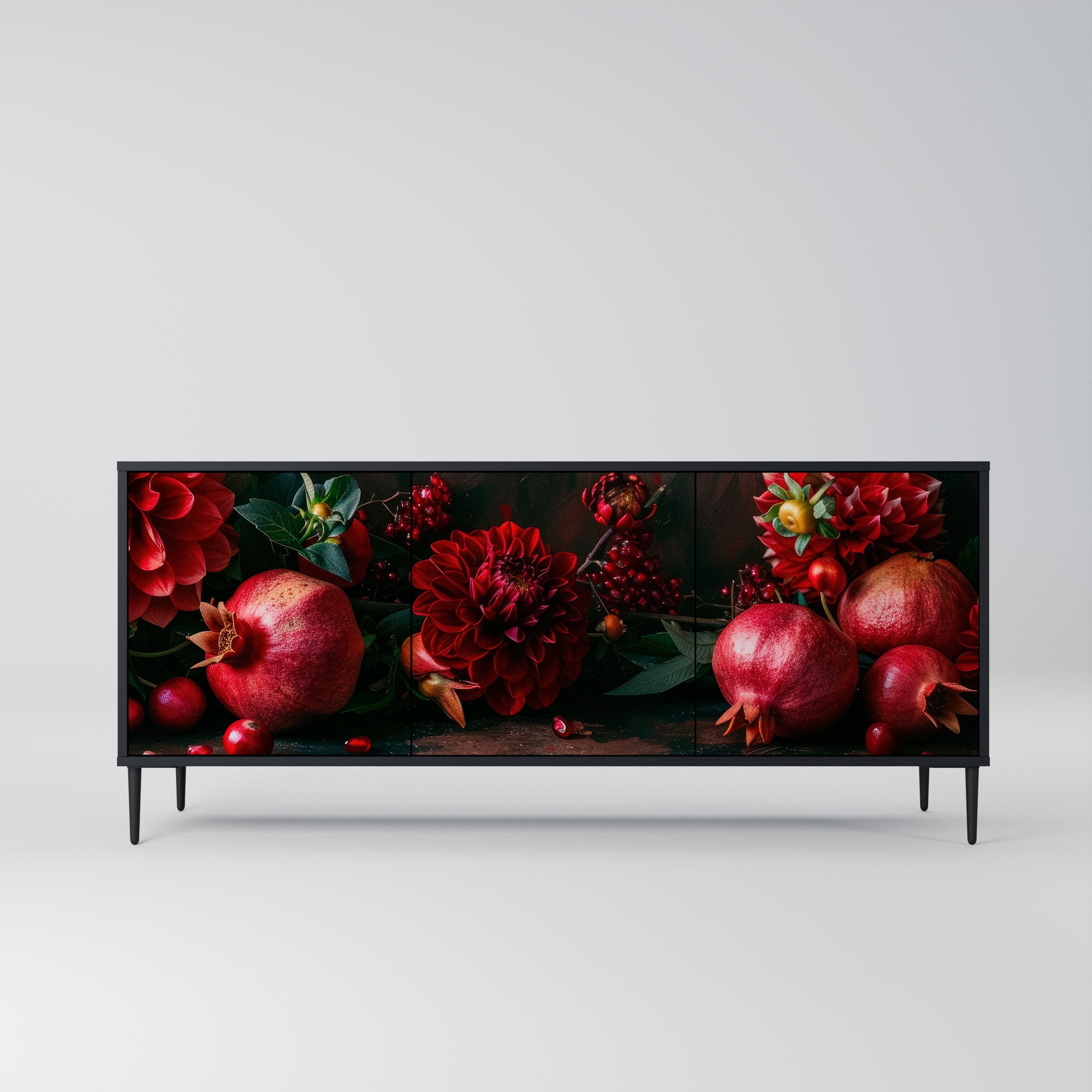 DAHLIAS AND POMEGRANATES Sideboard mit 3 Türen, schwarzes Finish