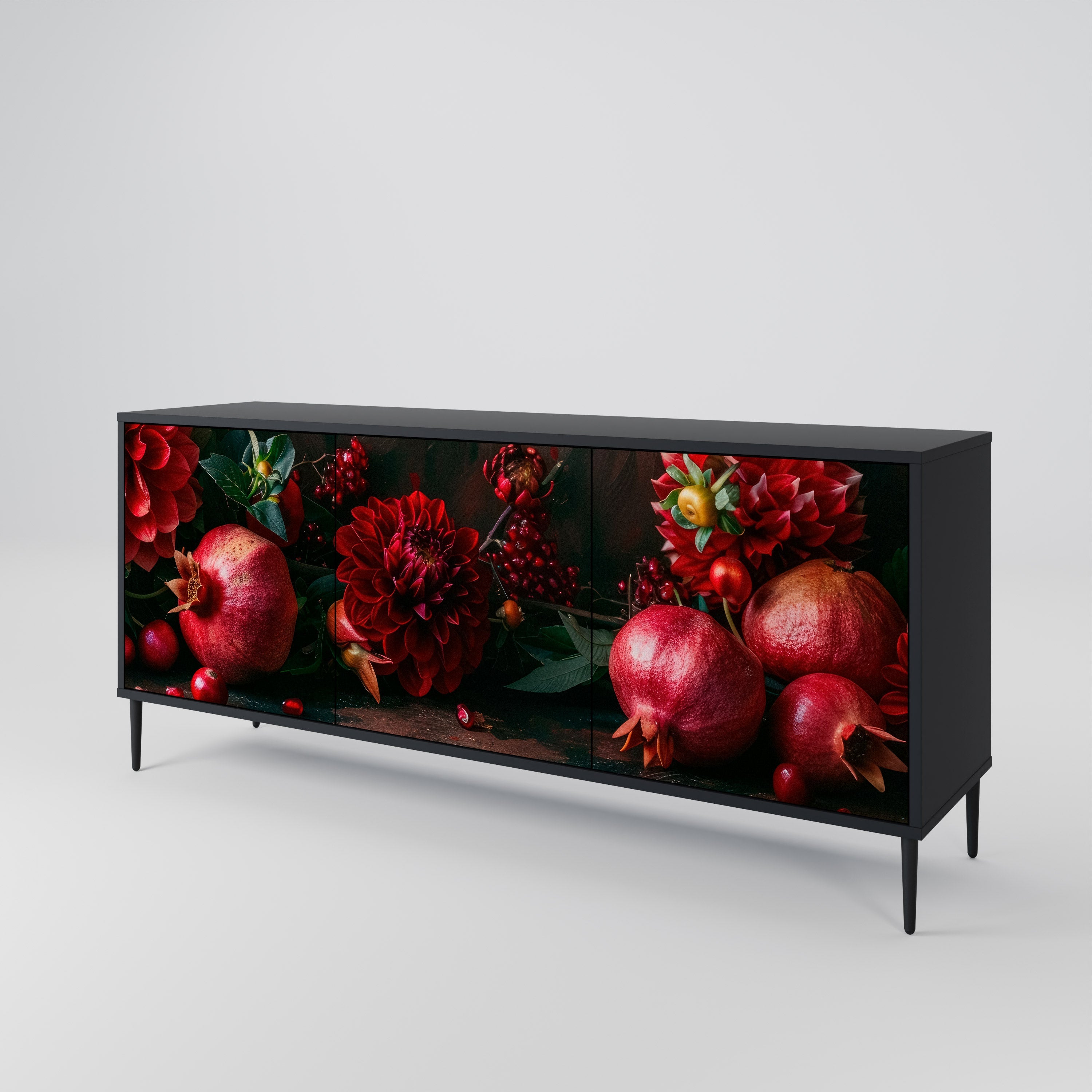DAHLIAS AND POMEGRANATES Sideboard mit 3 Türen, schwarzes Finish
