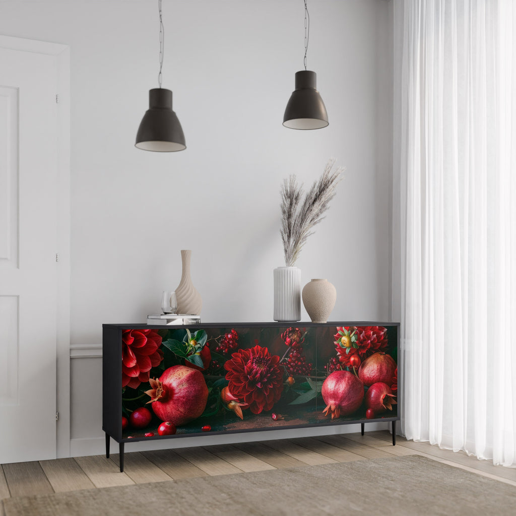 DAHLIAS AND POMEGRANATES Sideboard mit 3 Türen, schwarzes Finish