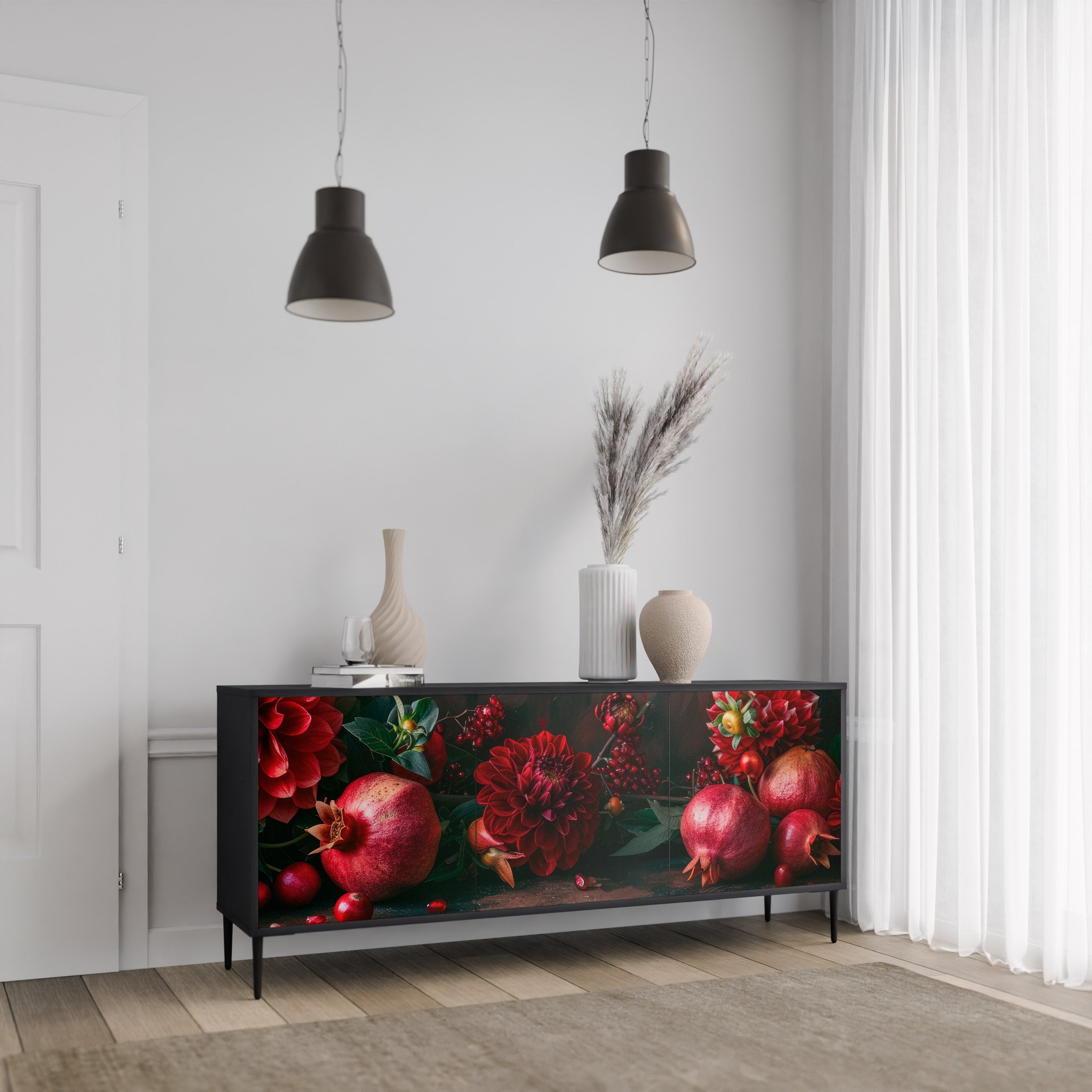 DAHLIAS AND POMEGRANATES Sideboard mit 3 Türen, schwarzes Finish