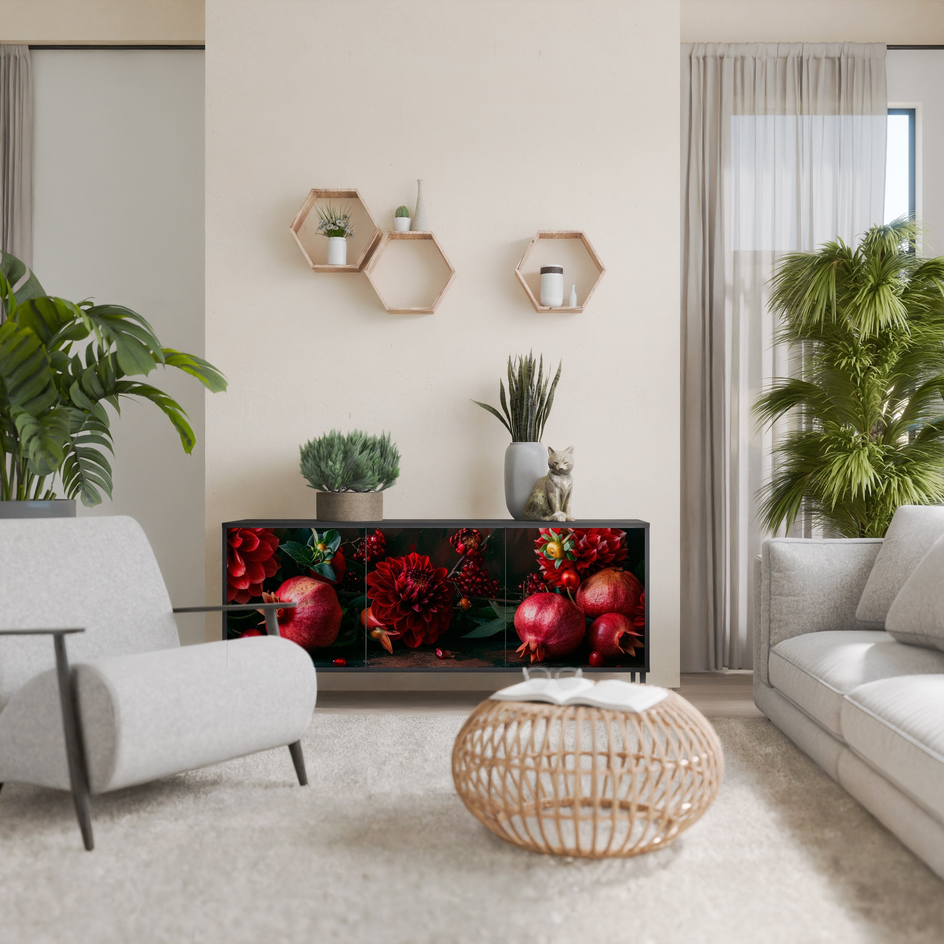 DAHLIAS AND POMEGRANATES Sideboard mit 3 Türen, schwarzes Finish
