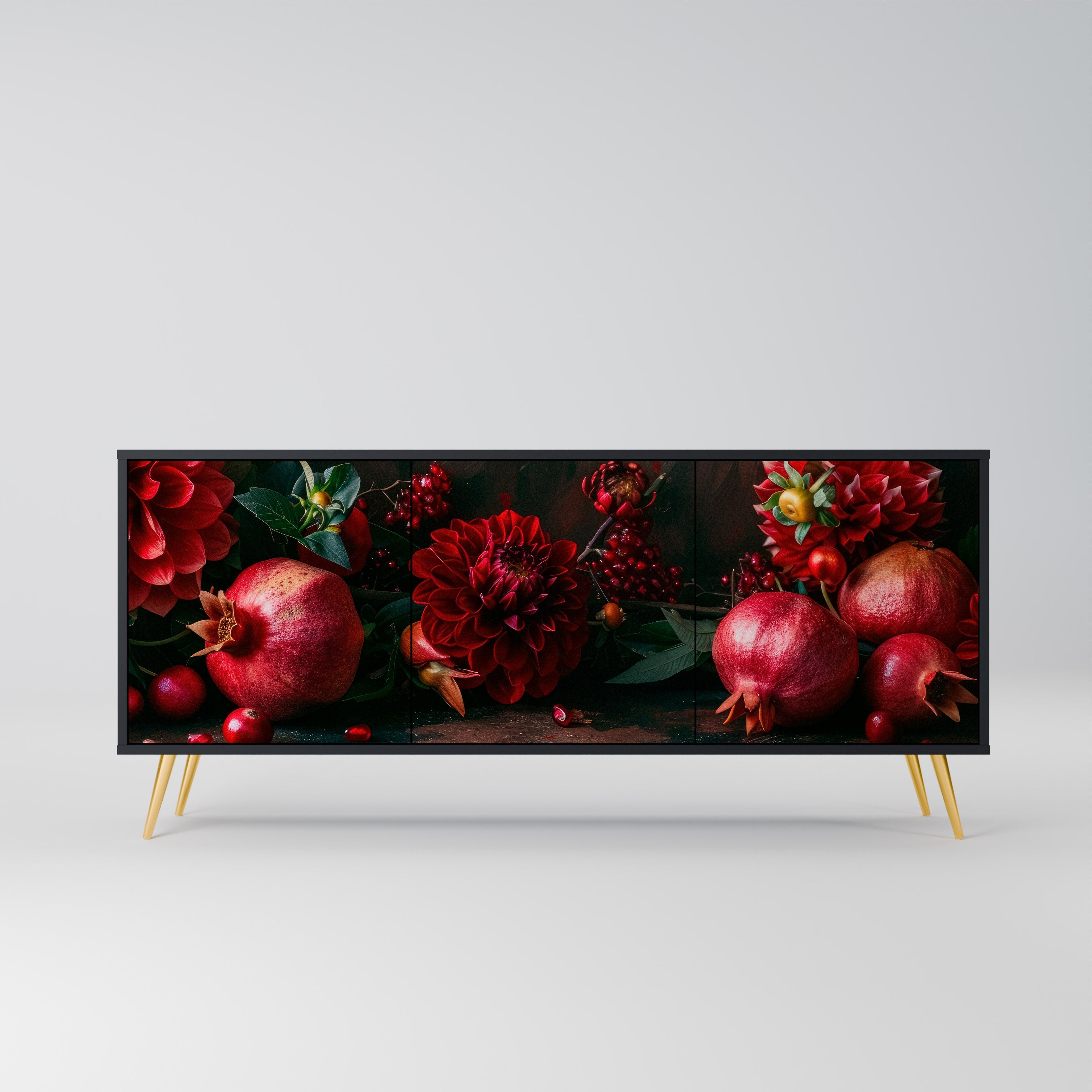 DAHLIAS AND POMEGRANATES Sideboard mit 3 Türen, schwarzes Finish