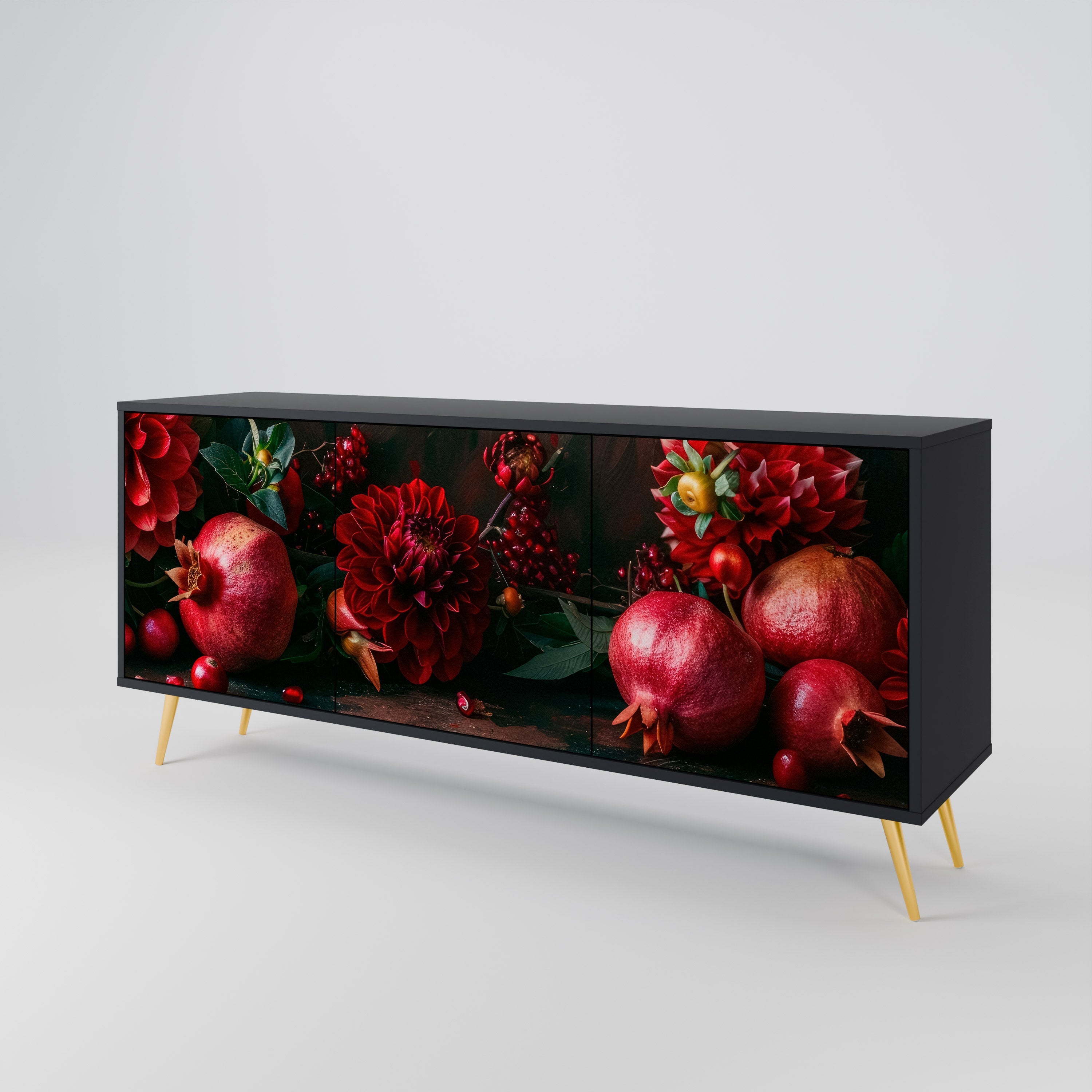 DAHLIAS AND POMEGRANATES Sideboard mit 3 Türen, schwarzes Finish