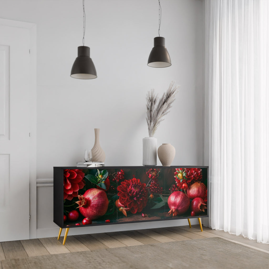 DAHLIAS AND POMEGRANATES Sideboard mit 3 Türen, schwarzes Finish