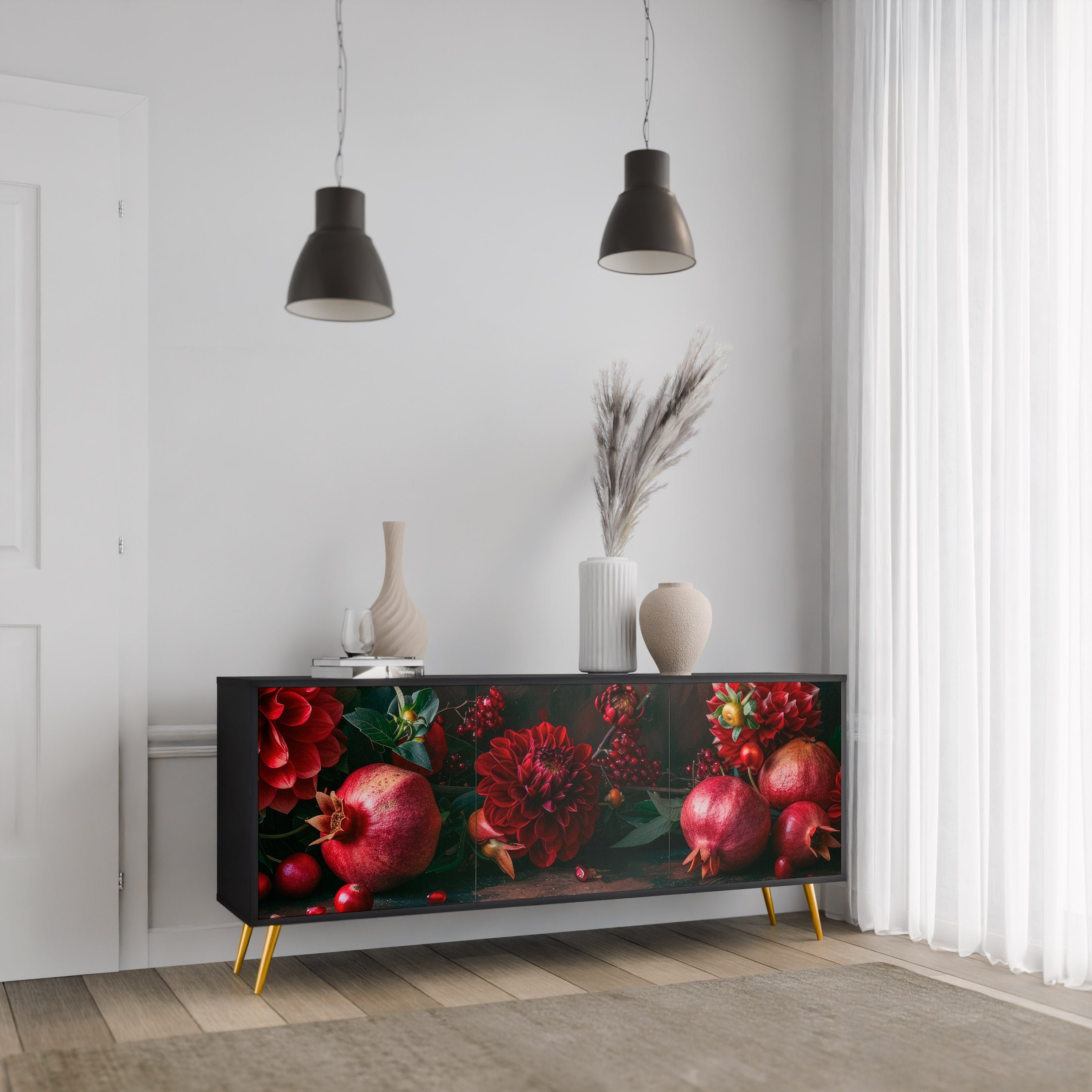 DAHLIAS AND POMEGRANATES Sideboard mit 3 Türen, schwarzes Finish