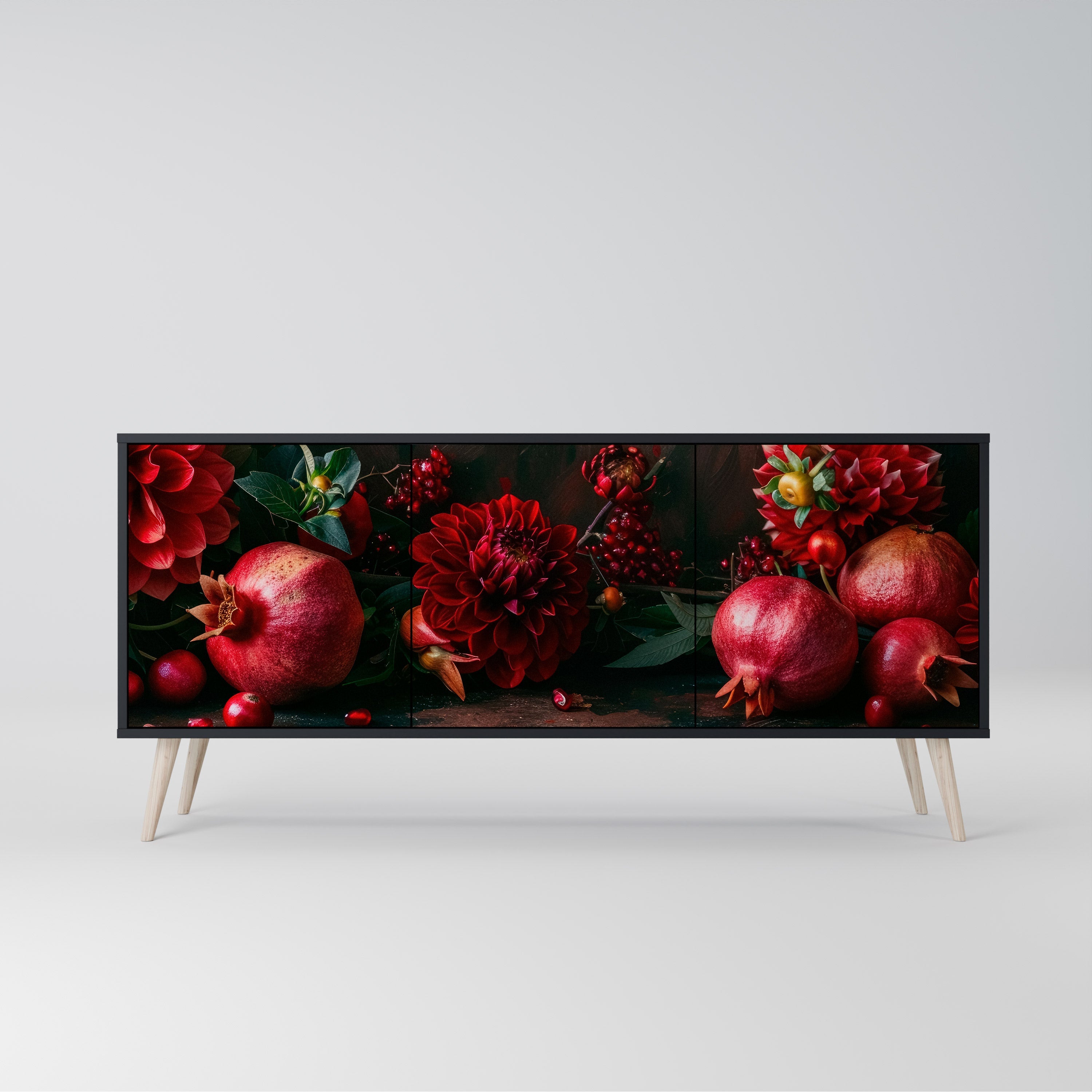 DAHLIAS AND POMEGRANATES Sideboard mit 3 Türen, schwarzes Finish