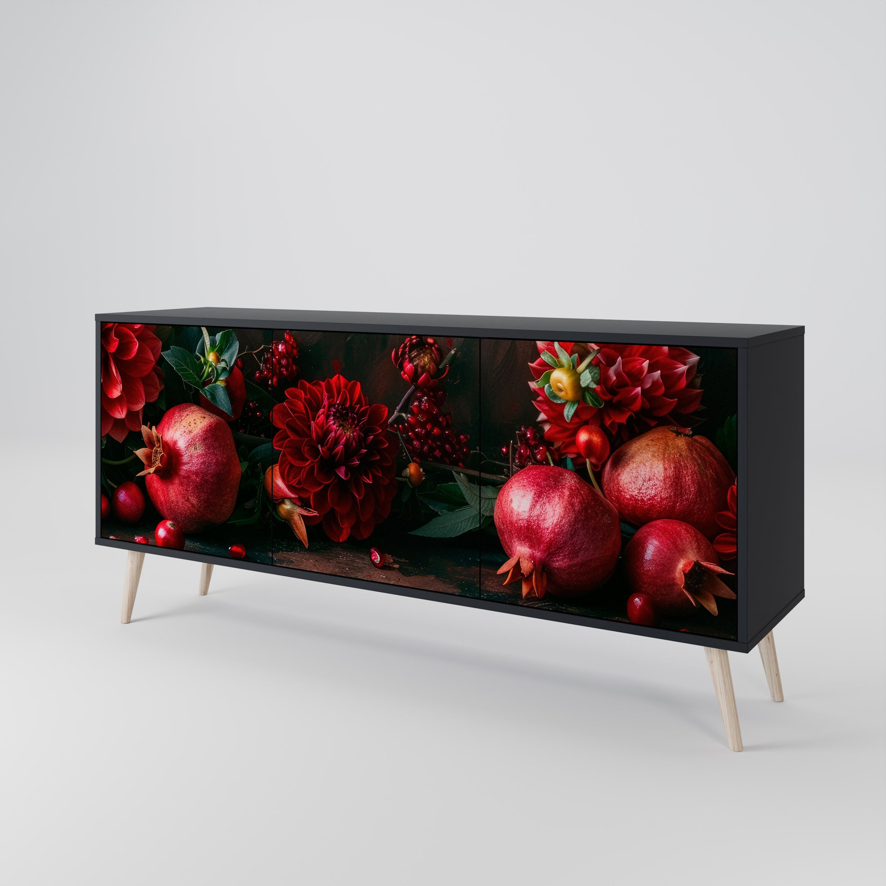 DAHLIAS AND POMEGRANATES Sideboard mit 3 Türen, schwarzes Finish