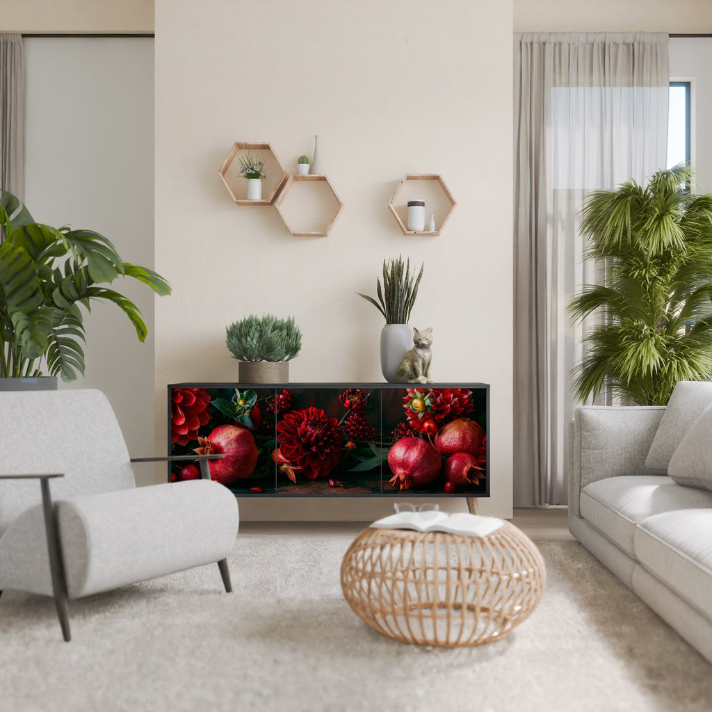 DAHLIAS AND POMEGRANATES Sideboard mit 3 Türen, schwarzes Finish