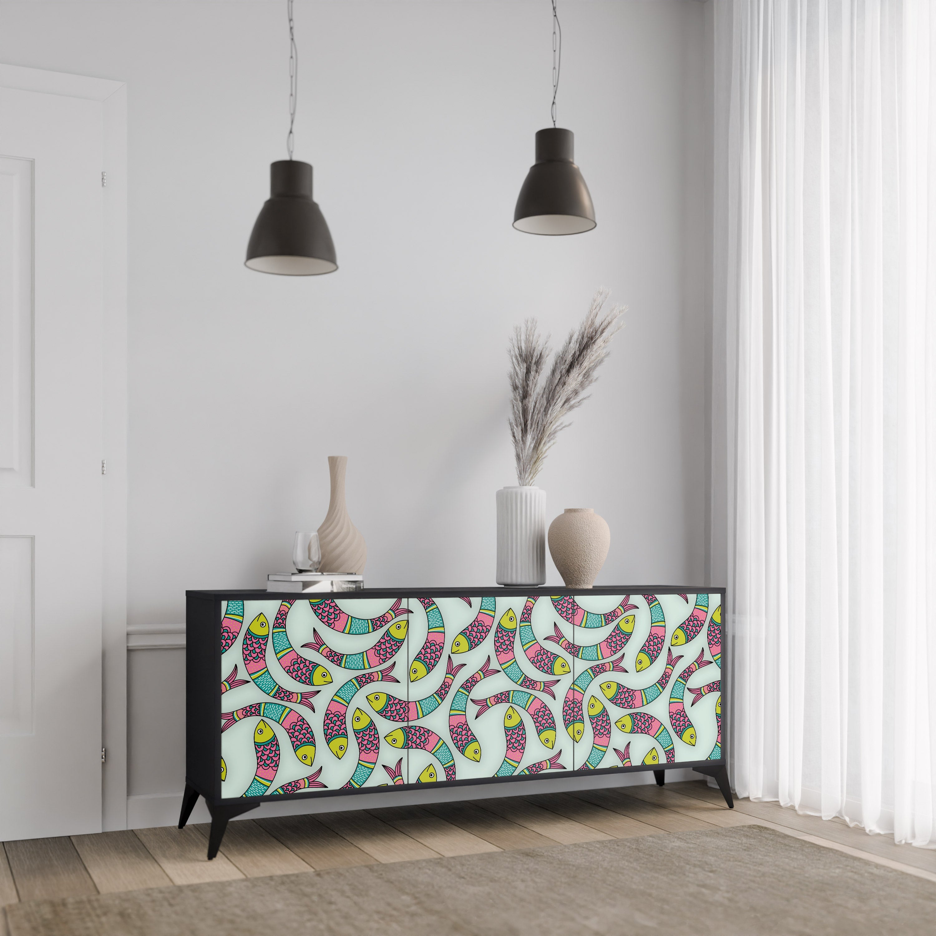 INDIAN FISH 3-türiges Sideboard in Schwarz