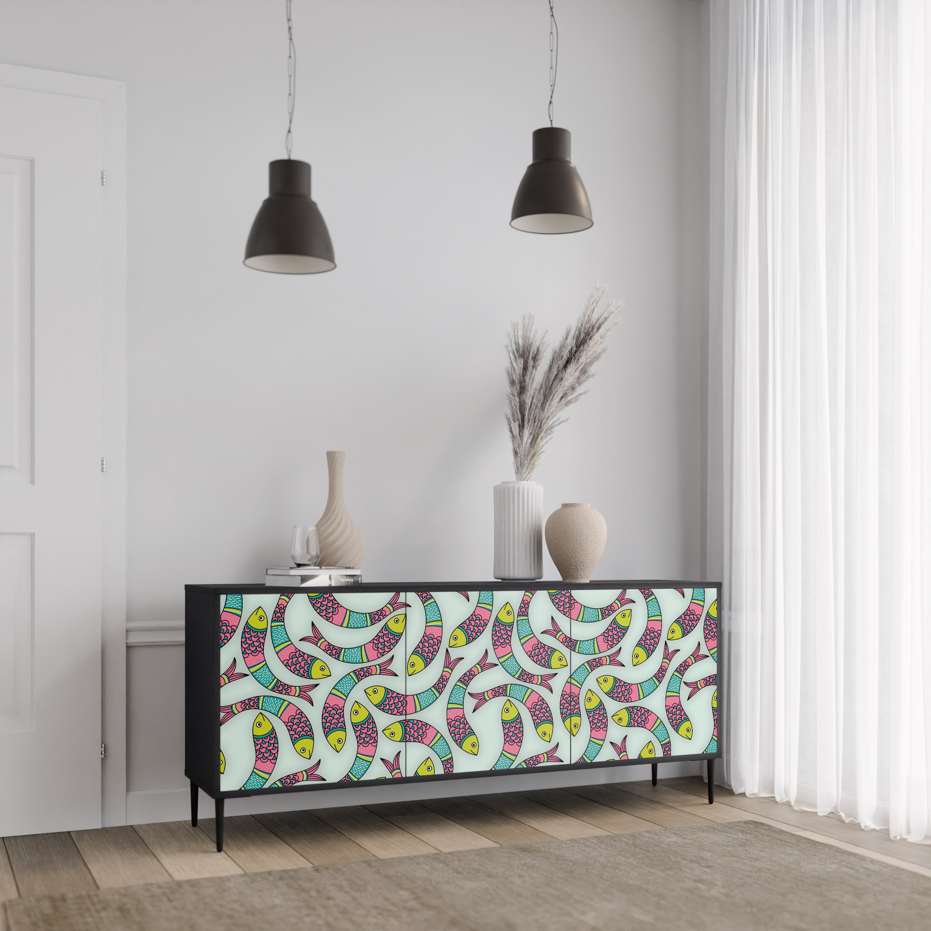 INDIAN FISH 3-türiges Sideboard in Schwarz