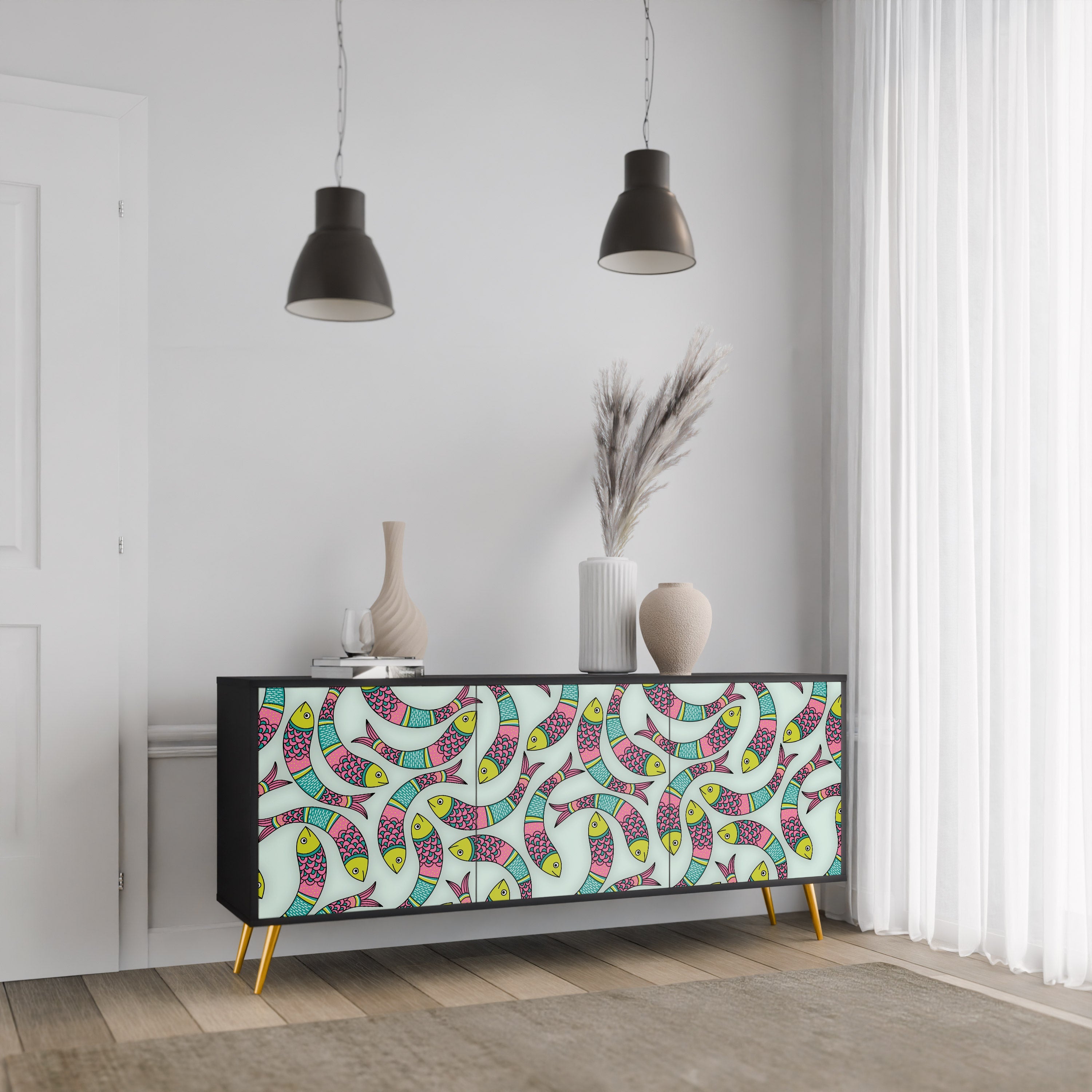 INDIAN FISH 3-türiges Sideboard in Schwarz
