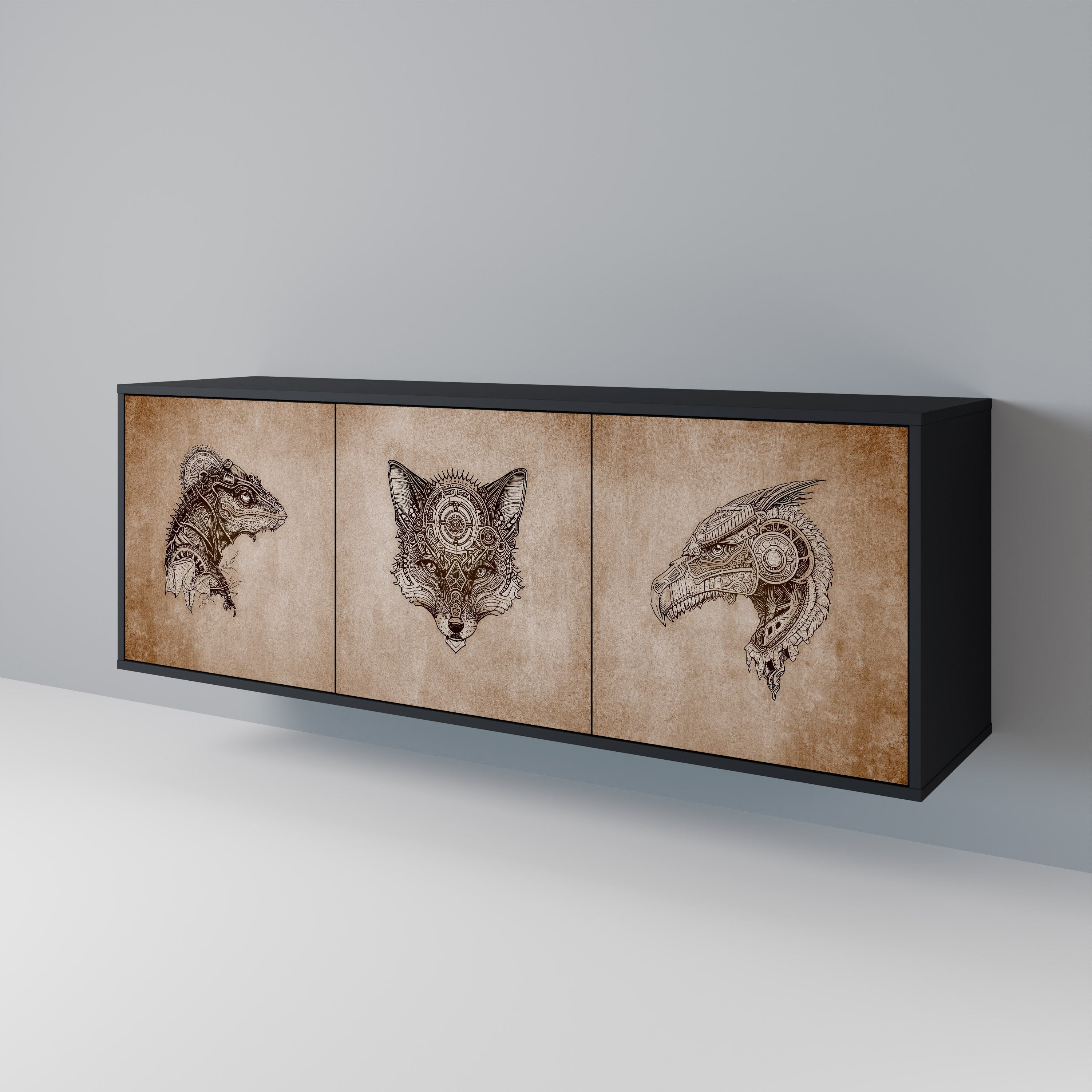 STEAMPUNK CLAN 3-türiges Sideboard in schwarzem Finish