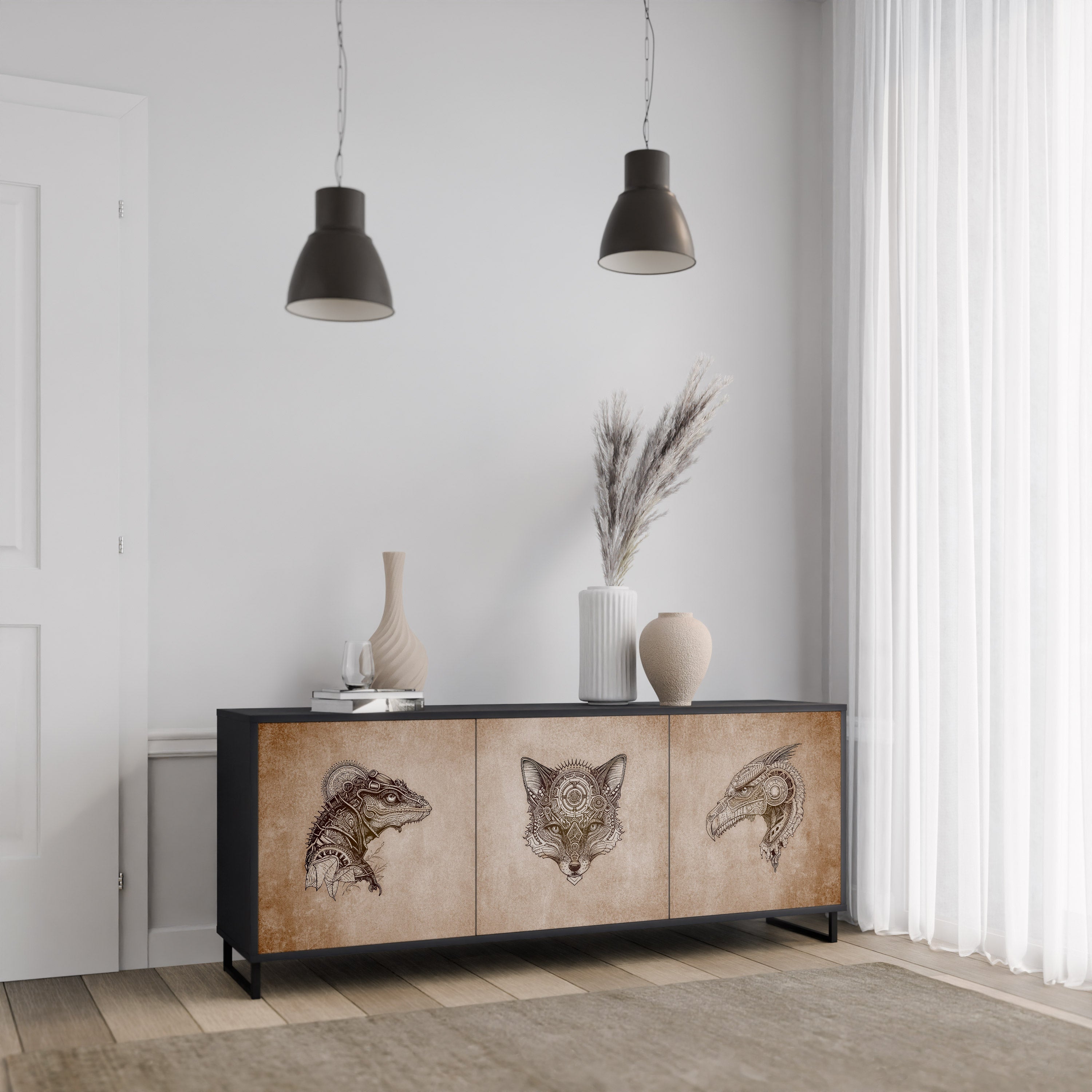 STEAMPUNK CLAN 3-türiges Sideboard in schwarzem Finish