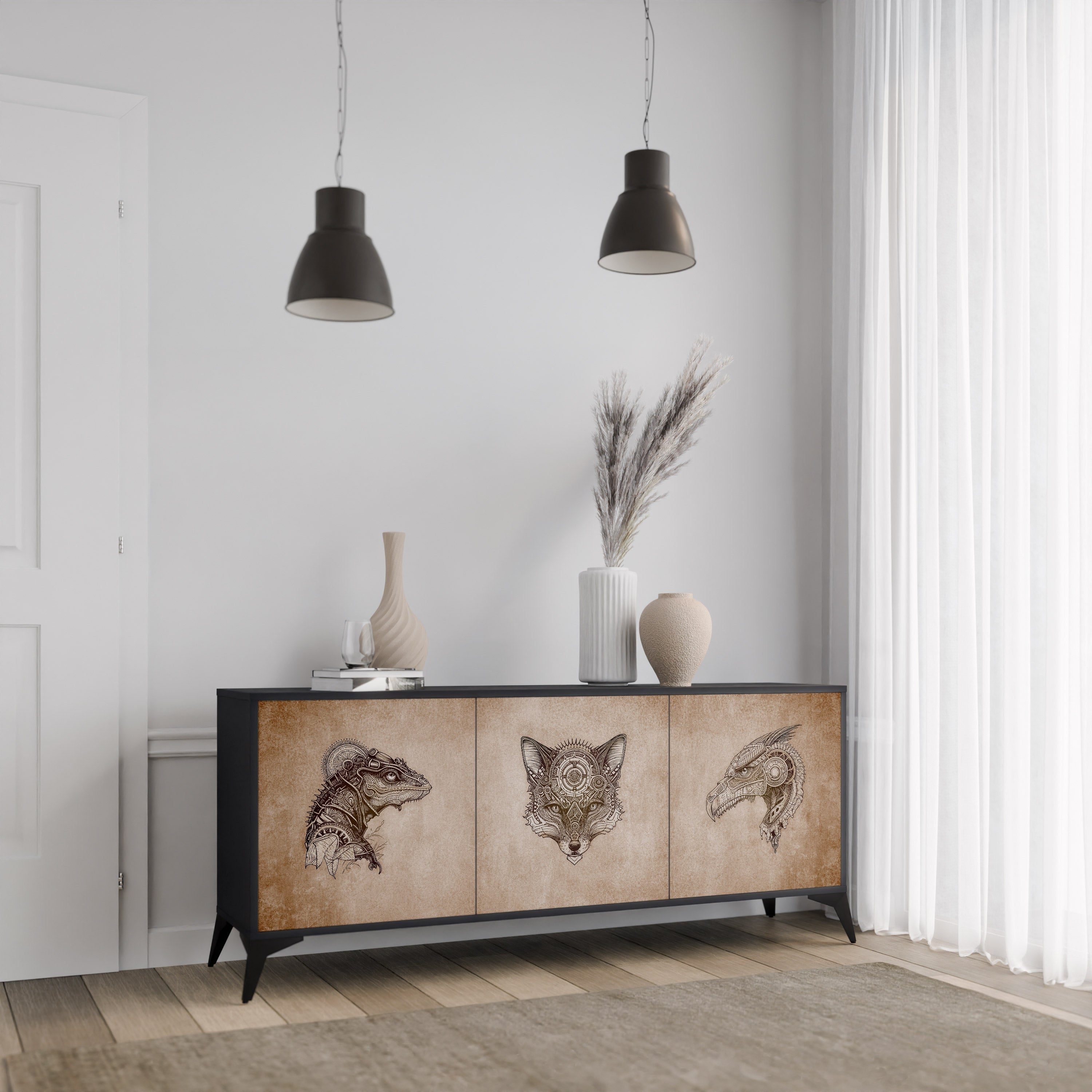 STEAMPUNK CLAN 3-türiges Sideboard in schwarzem Finish