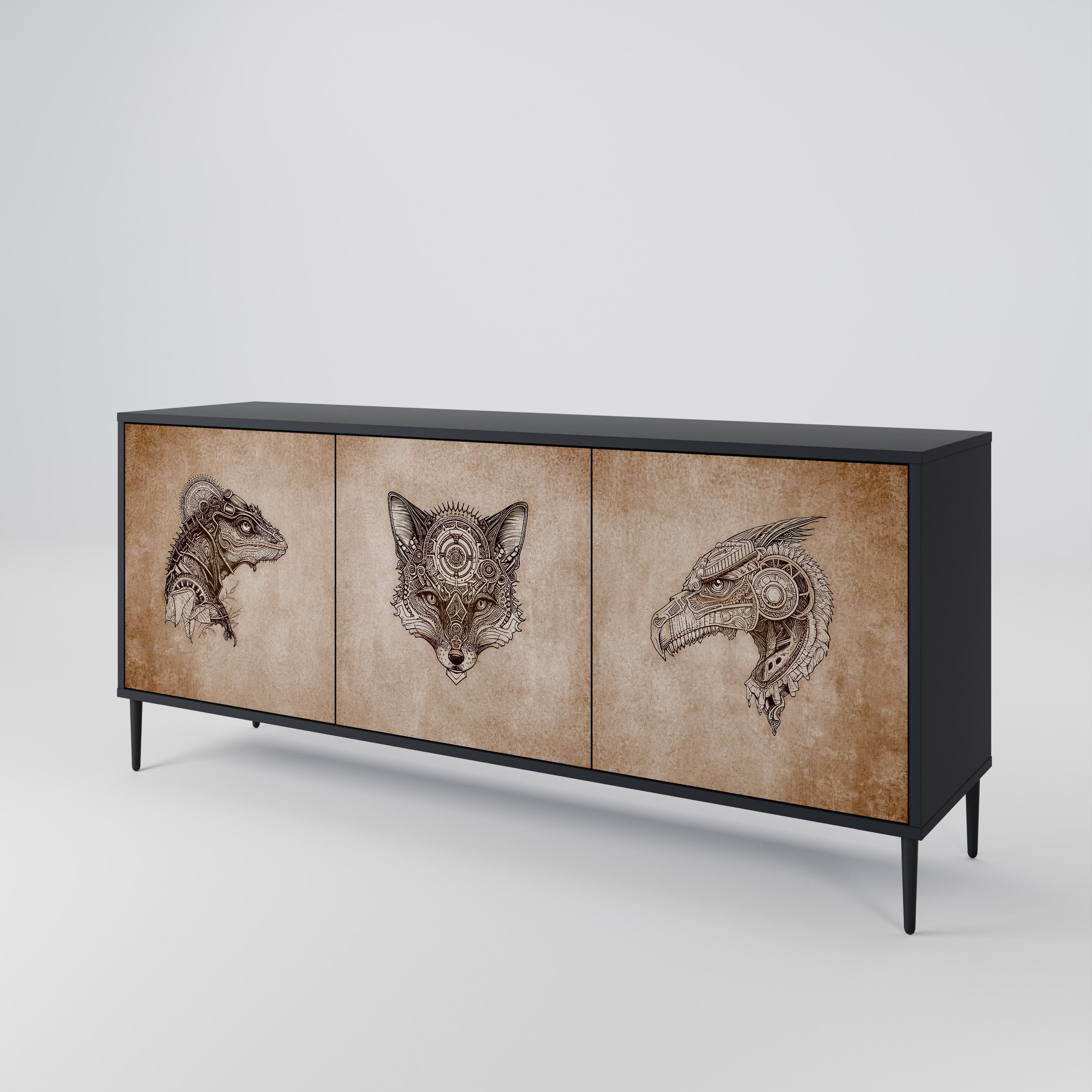 STEAMPUNK CLAN 3-türiges Sideboard in schwarzem Finish