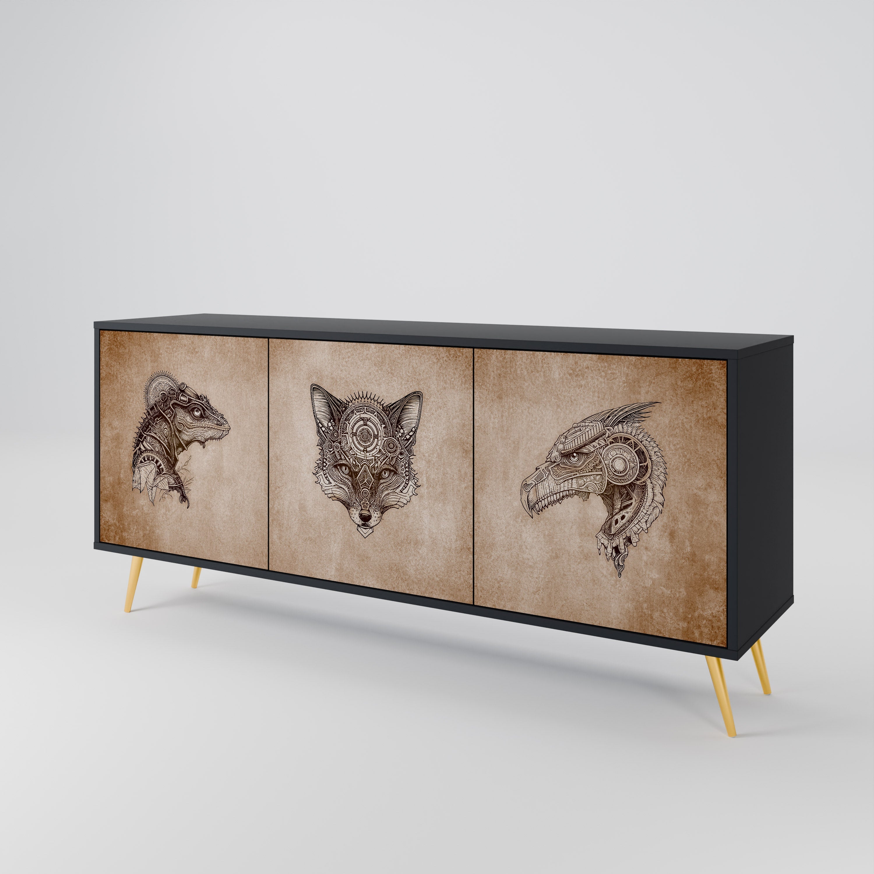 STEAMPUNK CLAN 3-türiges Sideboard in schwarzem Finish