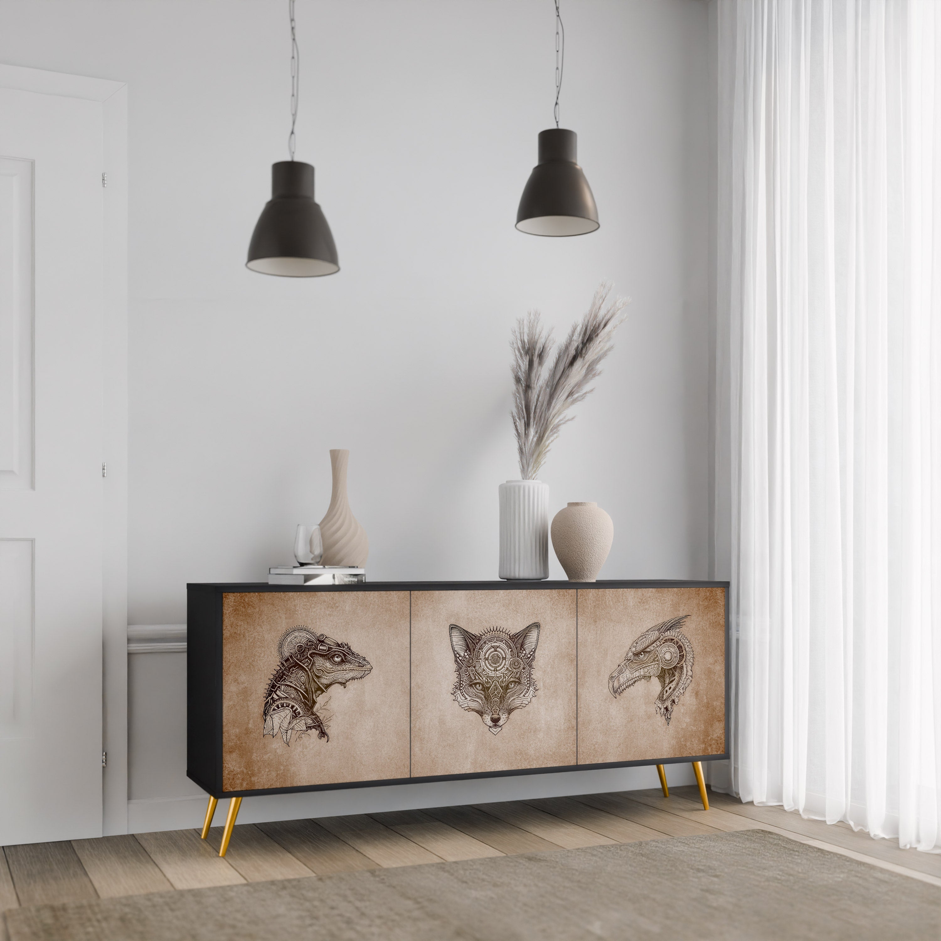 STEAMPUNK CLAN 3-türiges Sideboard in schwarzem Finish