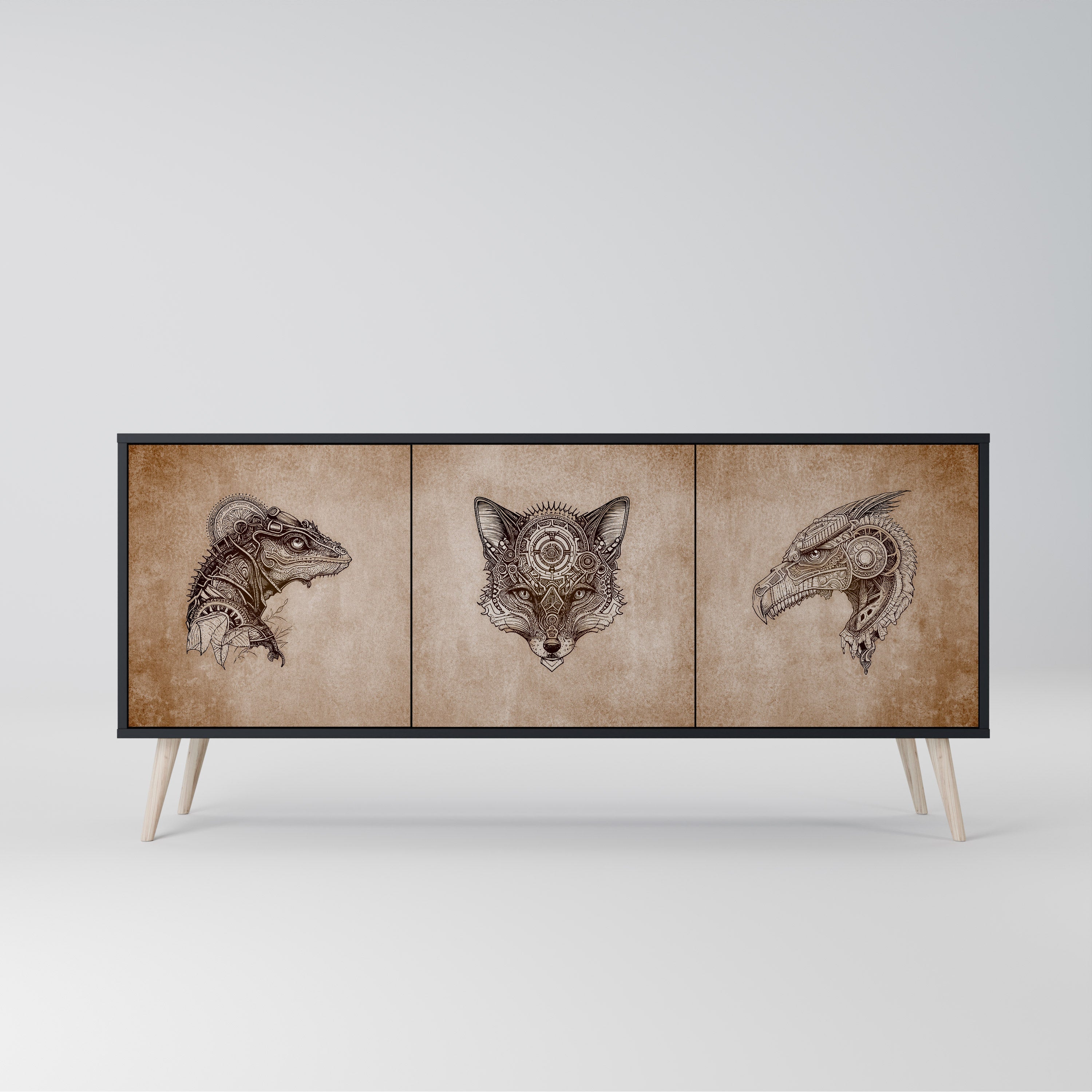STEAMPUNK CLAN 3-türiges Sideboard in schwarzem Finish