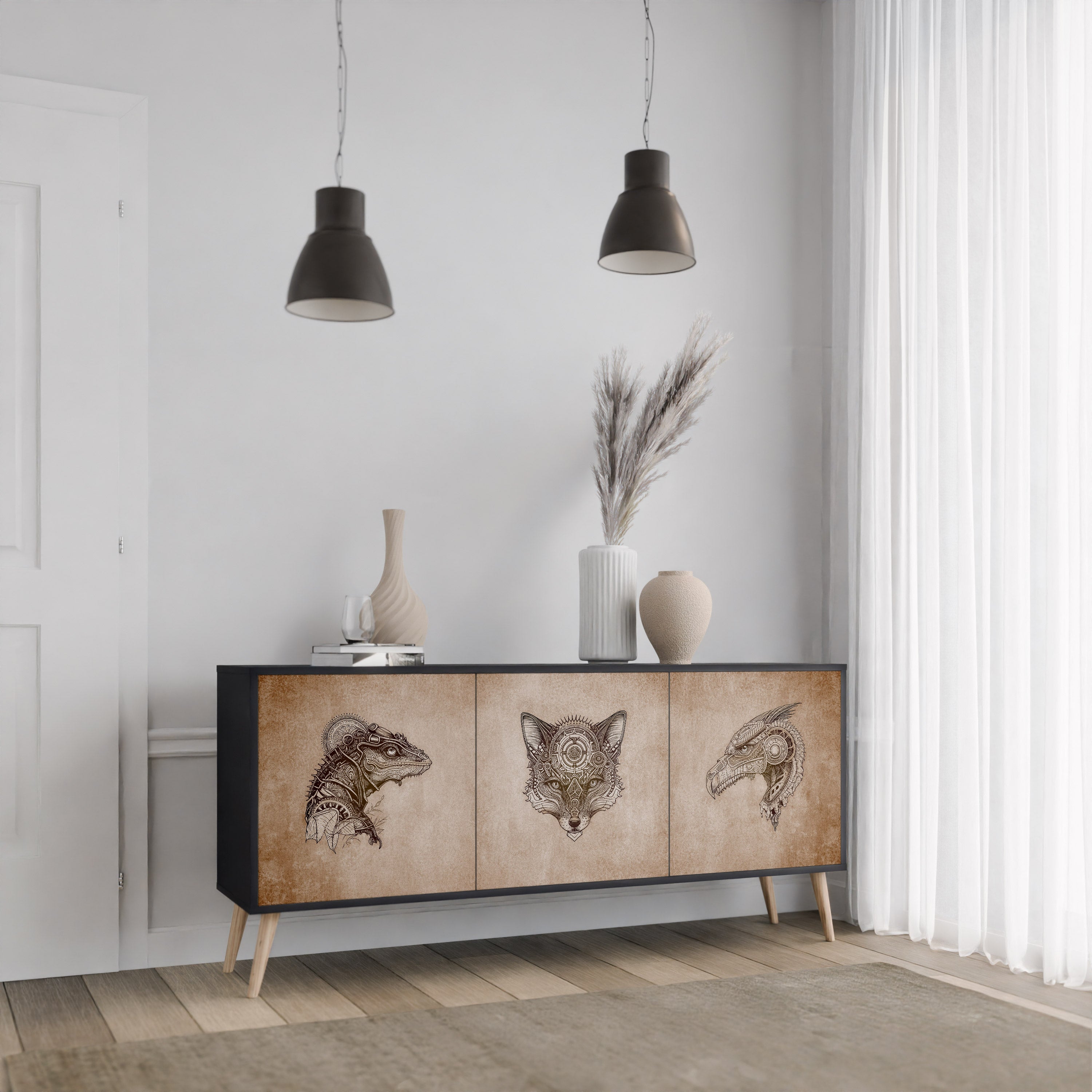 STEAMPUNK CLAN 3-türiges Sideboard in schwarzem Finish