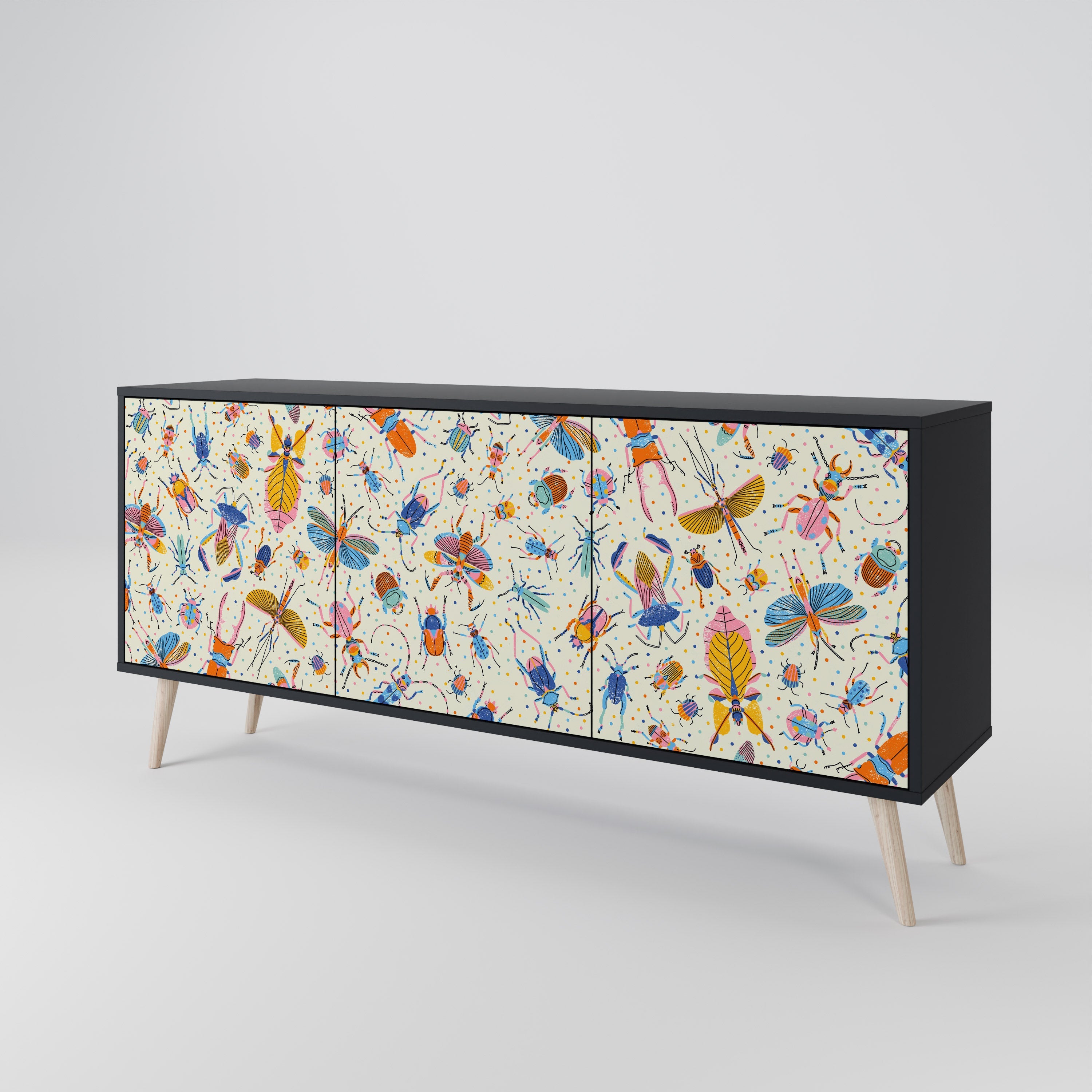 COLORFUL INSECTS 3-türiges Sideboard in Schwarz