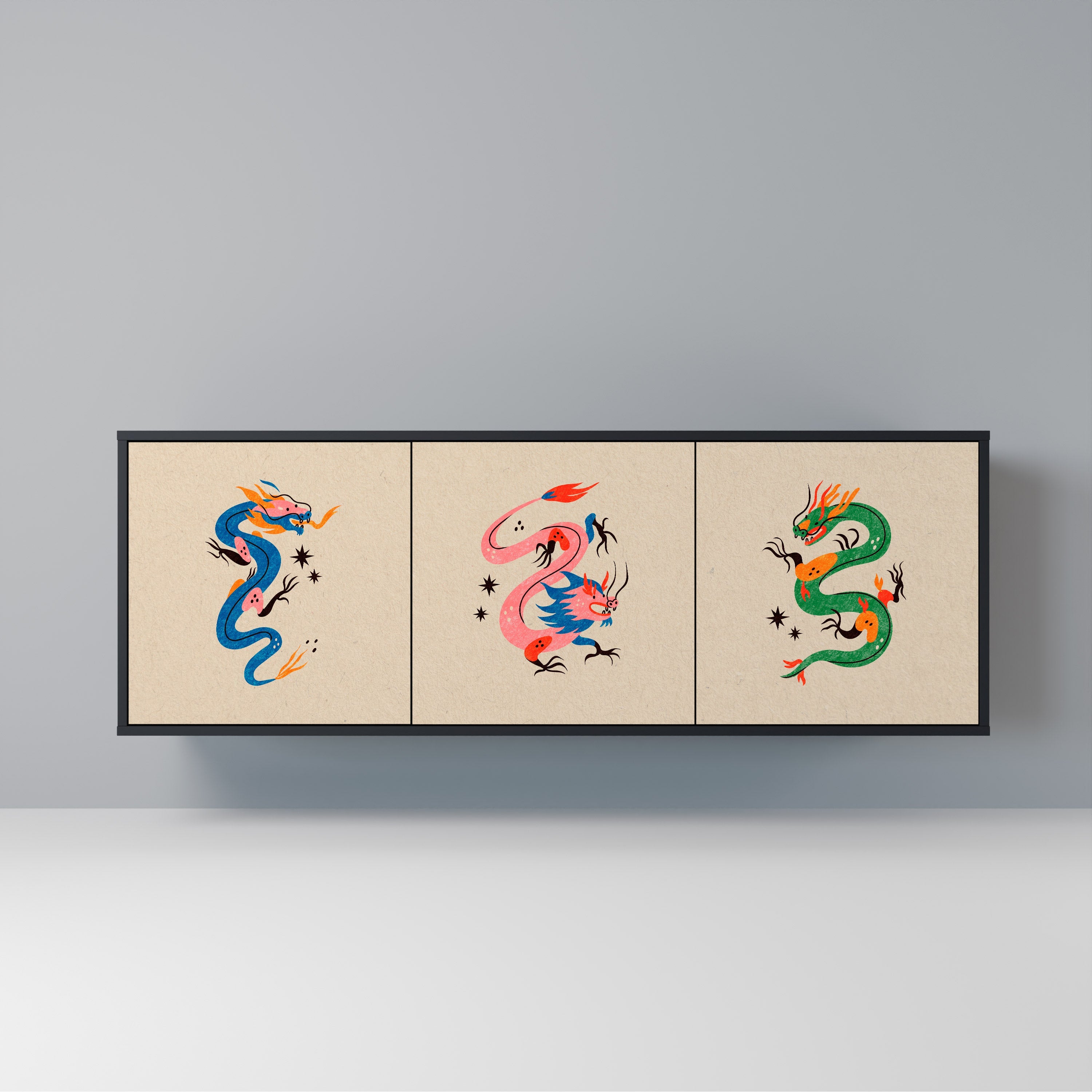 MYTHOLOGICAL CREATURES 3-türiges Sideboard in schwarzem Finish