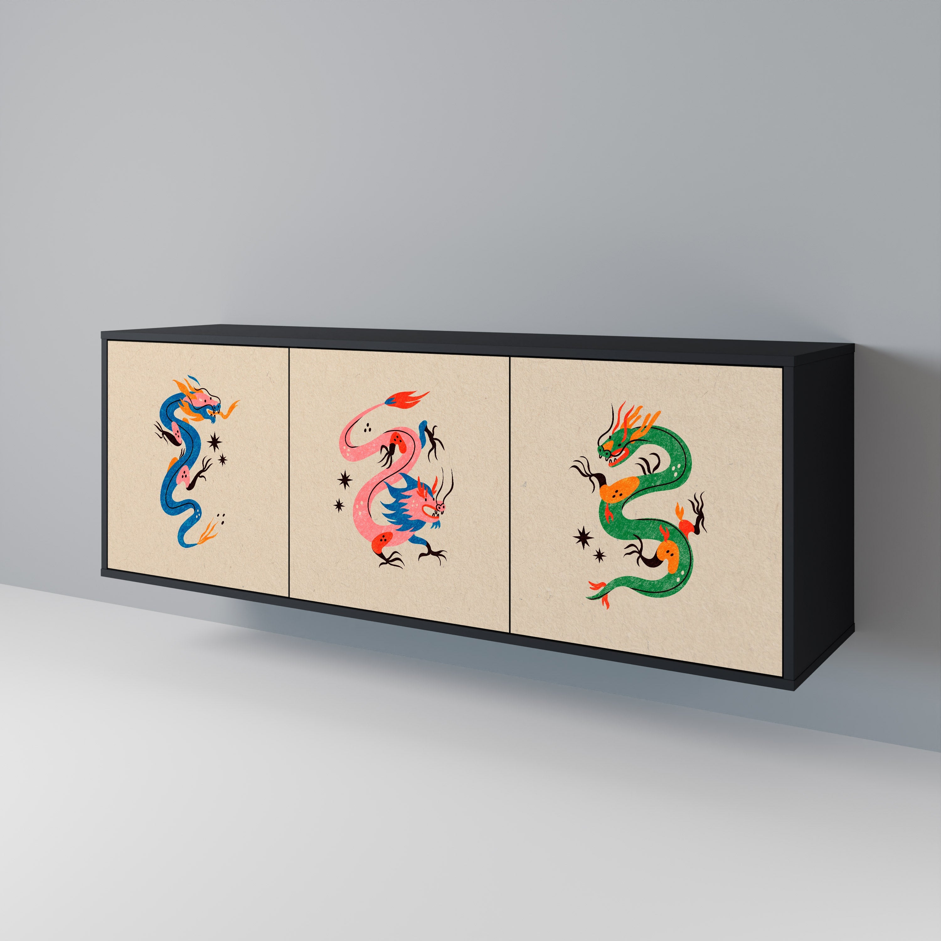MYTHOLOGICAL CREATURES 3-türiges Sideboard in schwarzem Finish