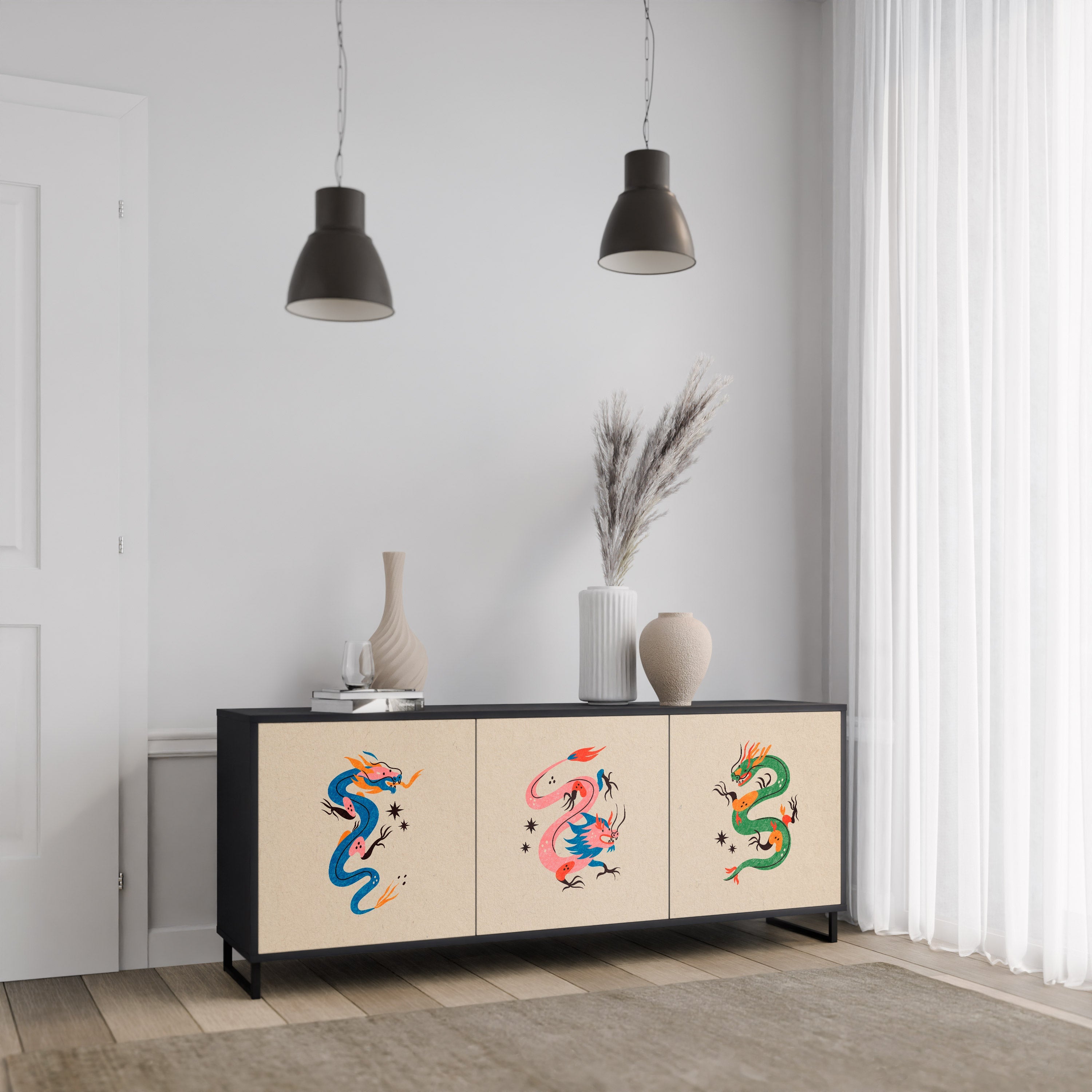 MYTHOLOGICAL CREATURES 3-türiges Sideboard in schwarzem Finish