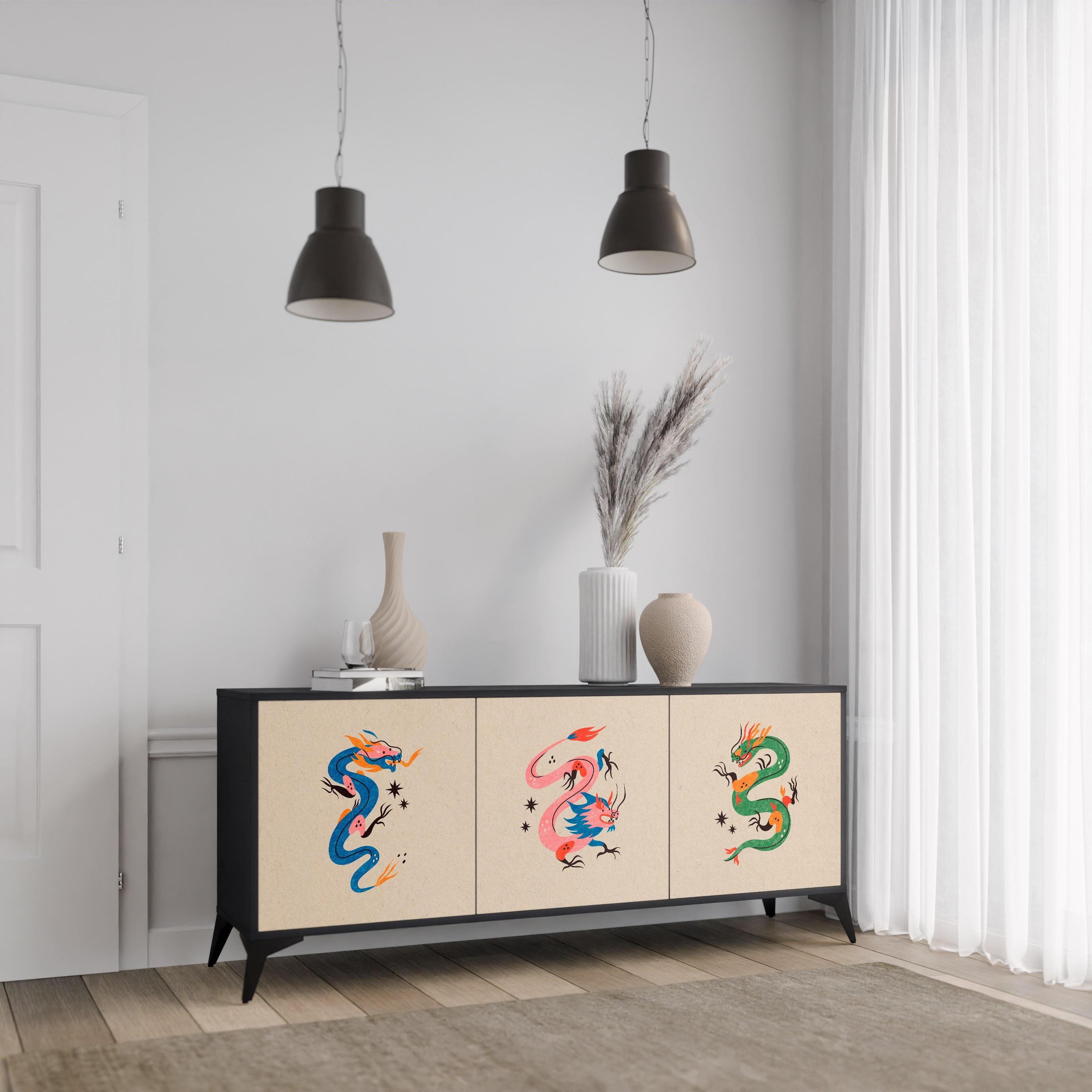 MYTHOLOGICAL CREATURES 3-türiges Sideboard in schwarzem Finish