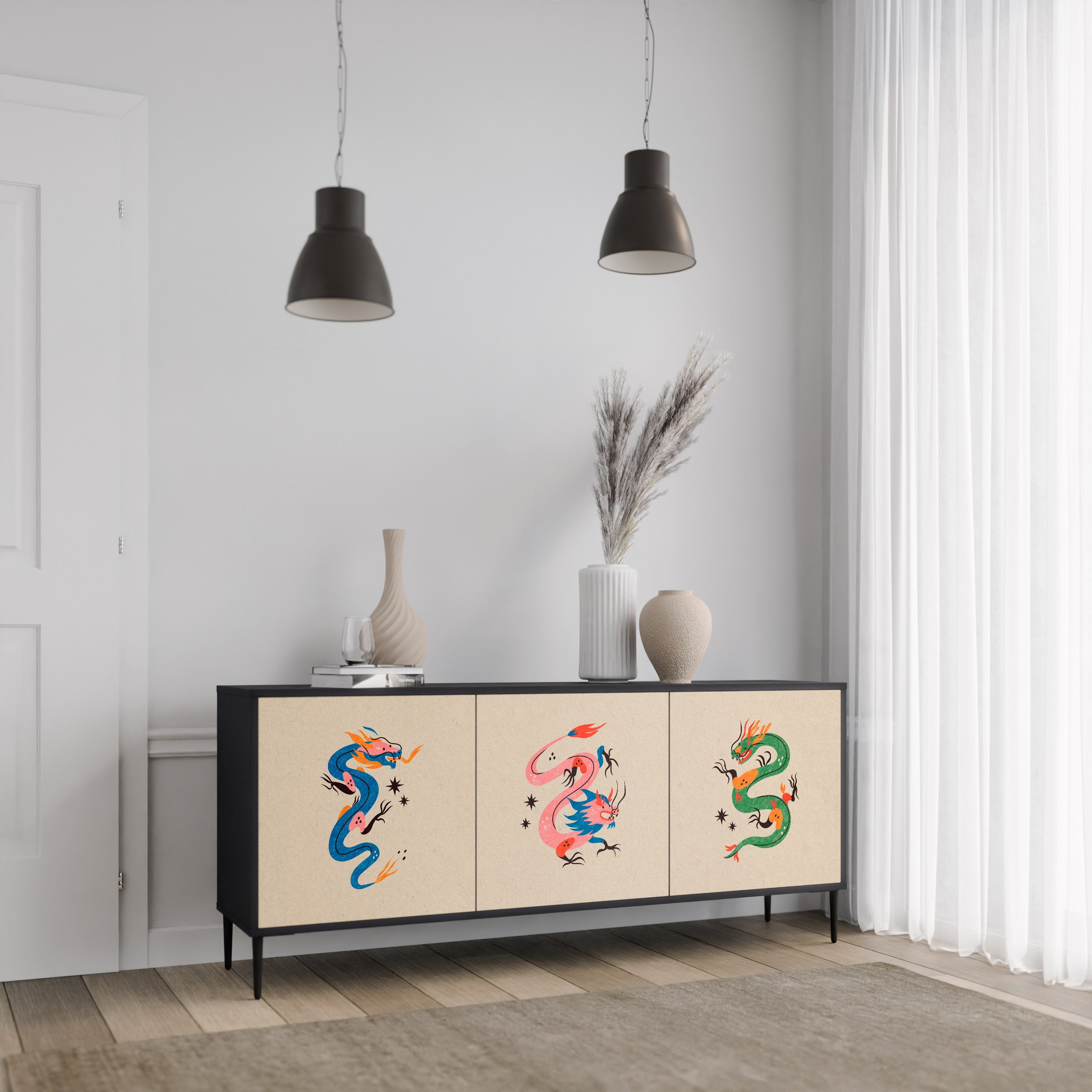 MYTHOLOGICAL CREATURES 3-türiges Sideboard in schwarzem Finish