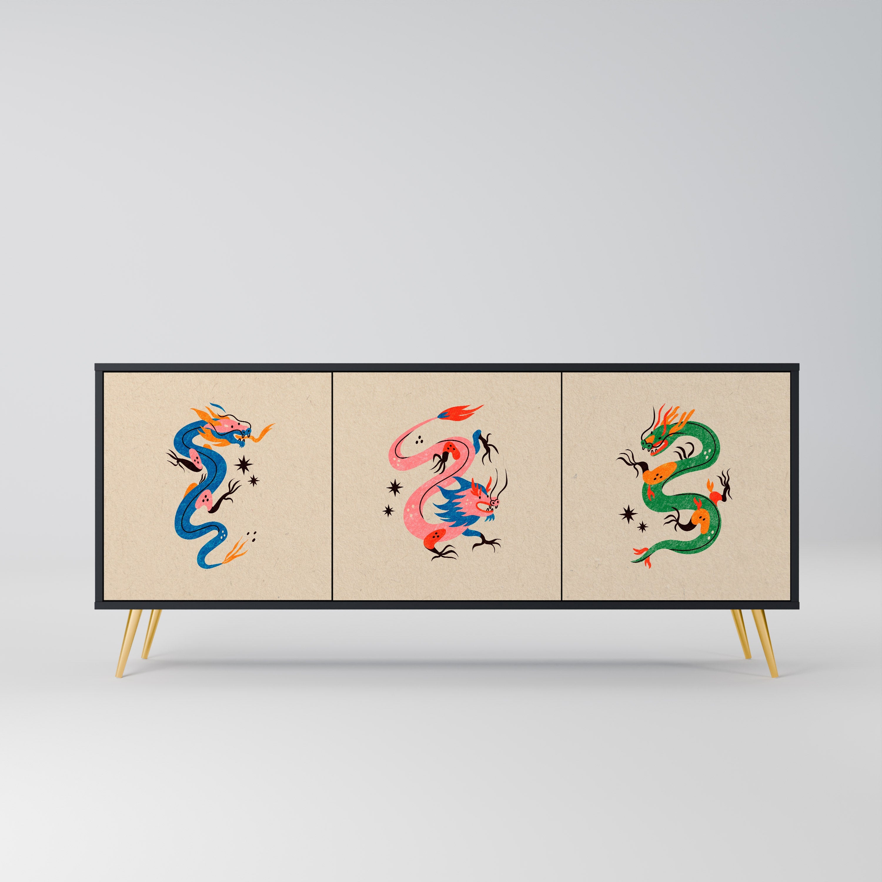 MYTHOLOGICAL CREATURES 3-türiges Sideboard in schwarzem Finish