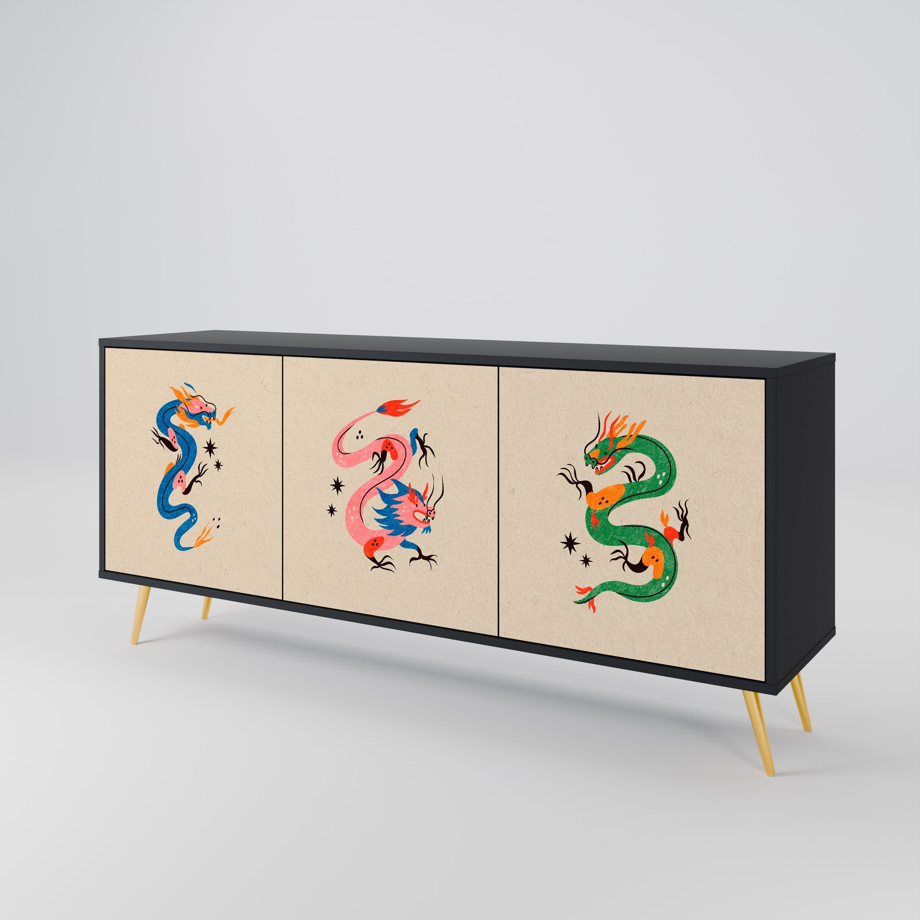 MYTHOLOGICAL CREATURES 3-türiges Sideboard in schwarzem Finish