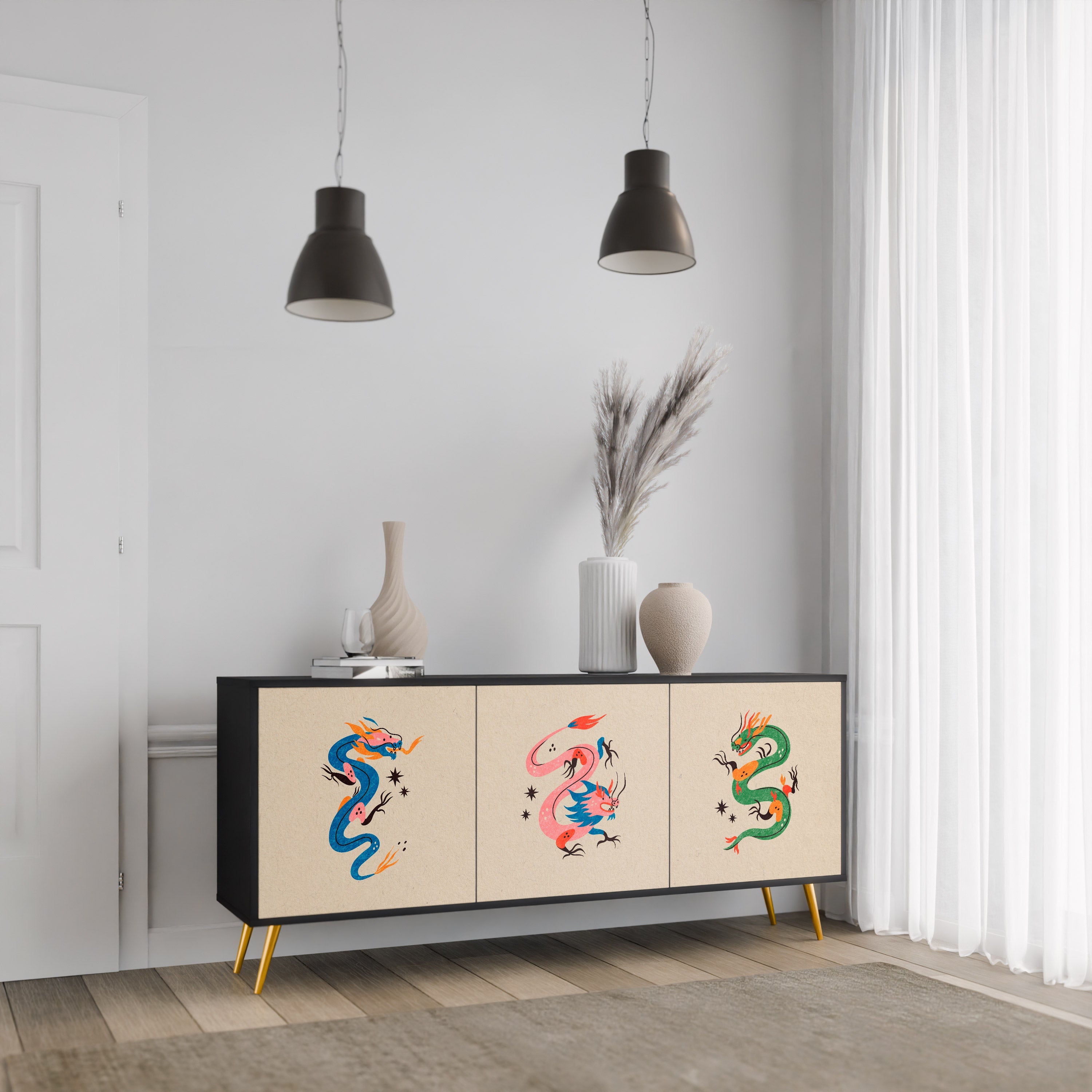 MYTHOLOGICAL CREATURES 3-türiges Sideboard in schwarzem Finish