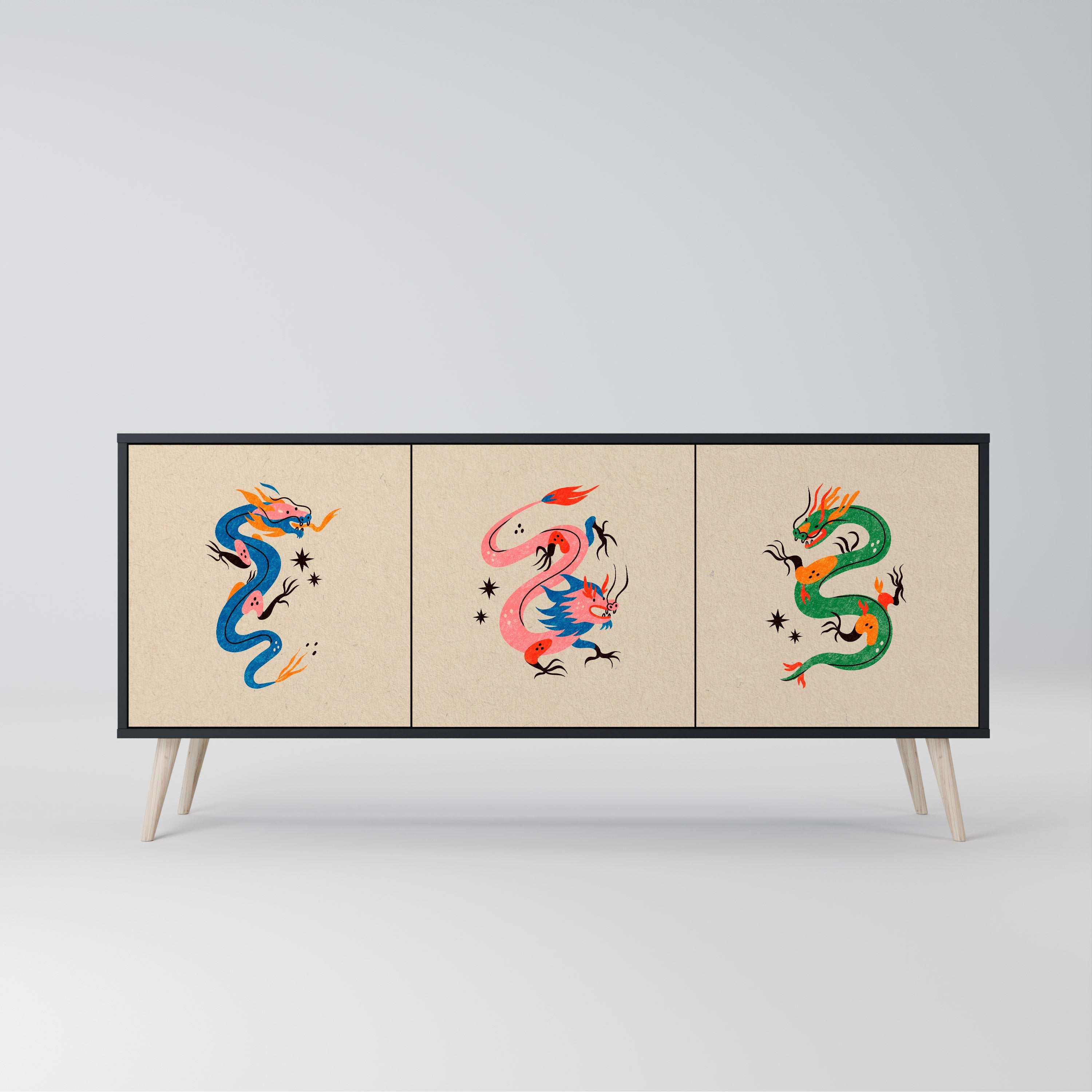 MYTHOLOGICAL CREATURES 3-türiges Sideboard in schwarzem Finish