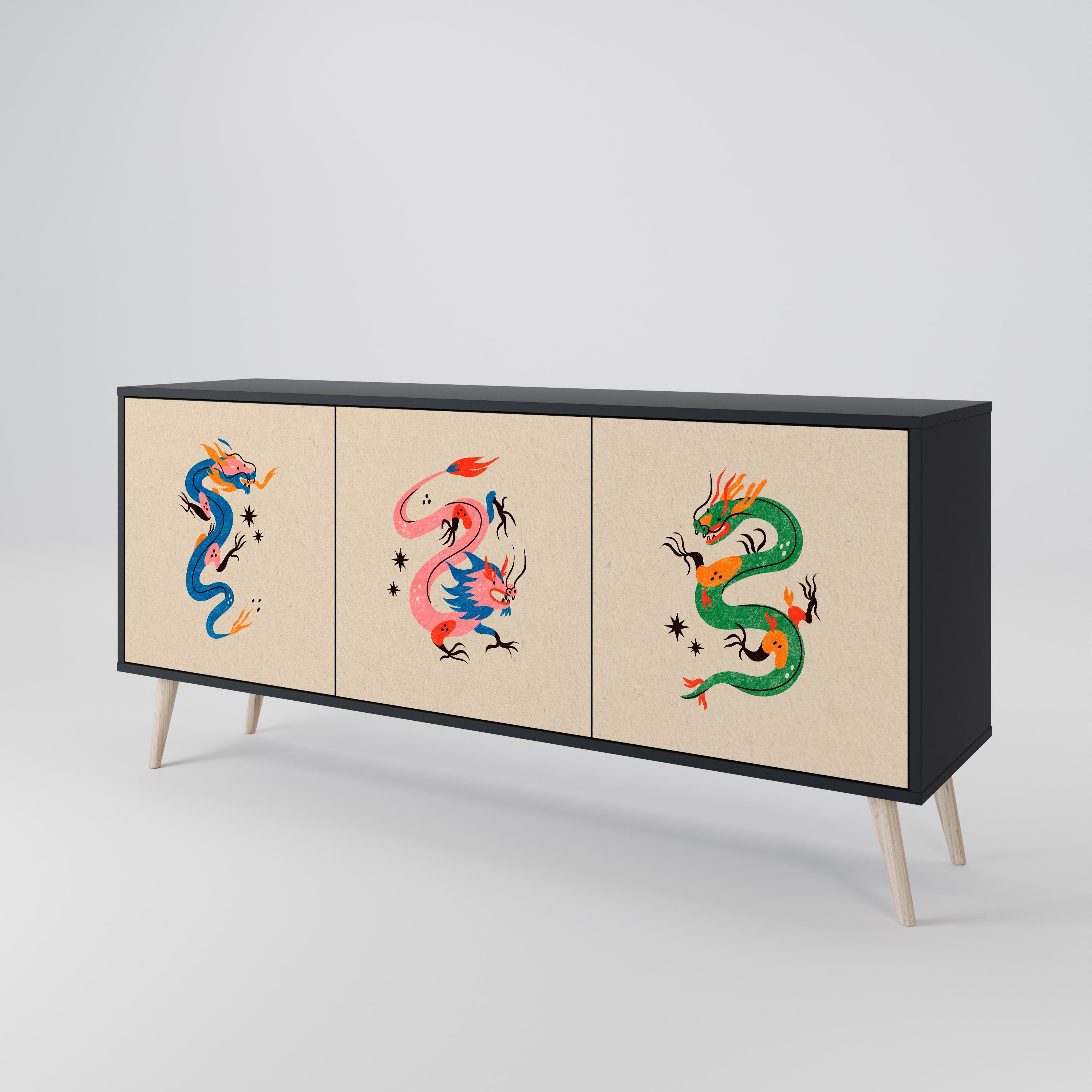 MYTHOLOGICAL CREATURES 3-türiges Sideboard in schwarzem Finish