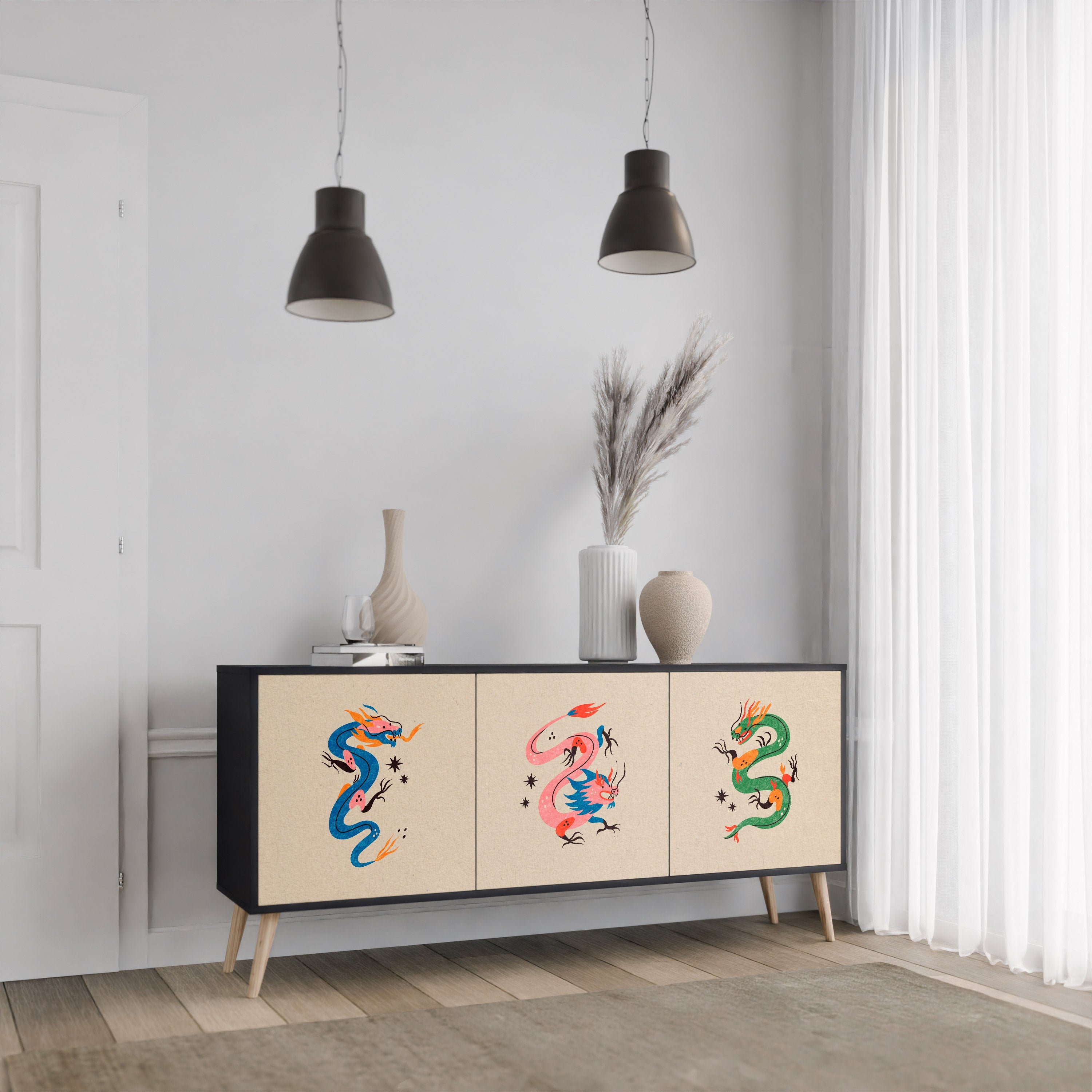 MYTHOLOGICAL CREATURES 3-türiges Sideboard in schwarzem Finish