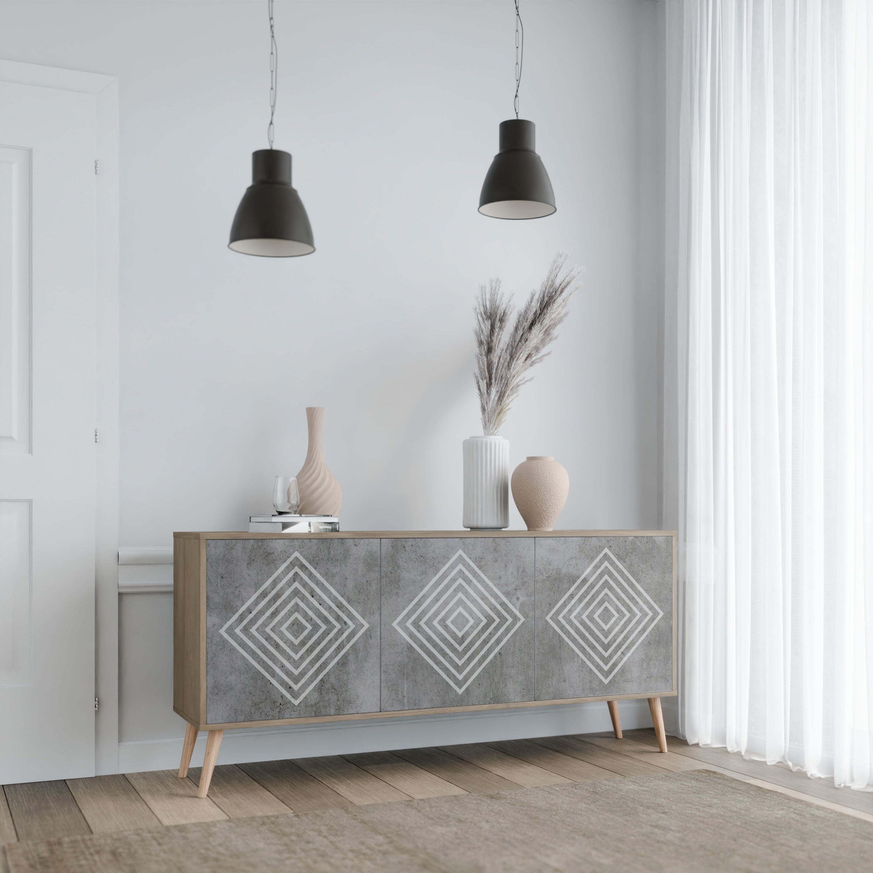 POLYGONAL ARTISTRY 3-Door Sideboard in Oak Effect