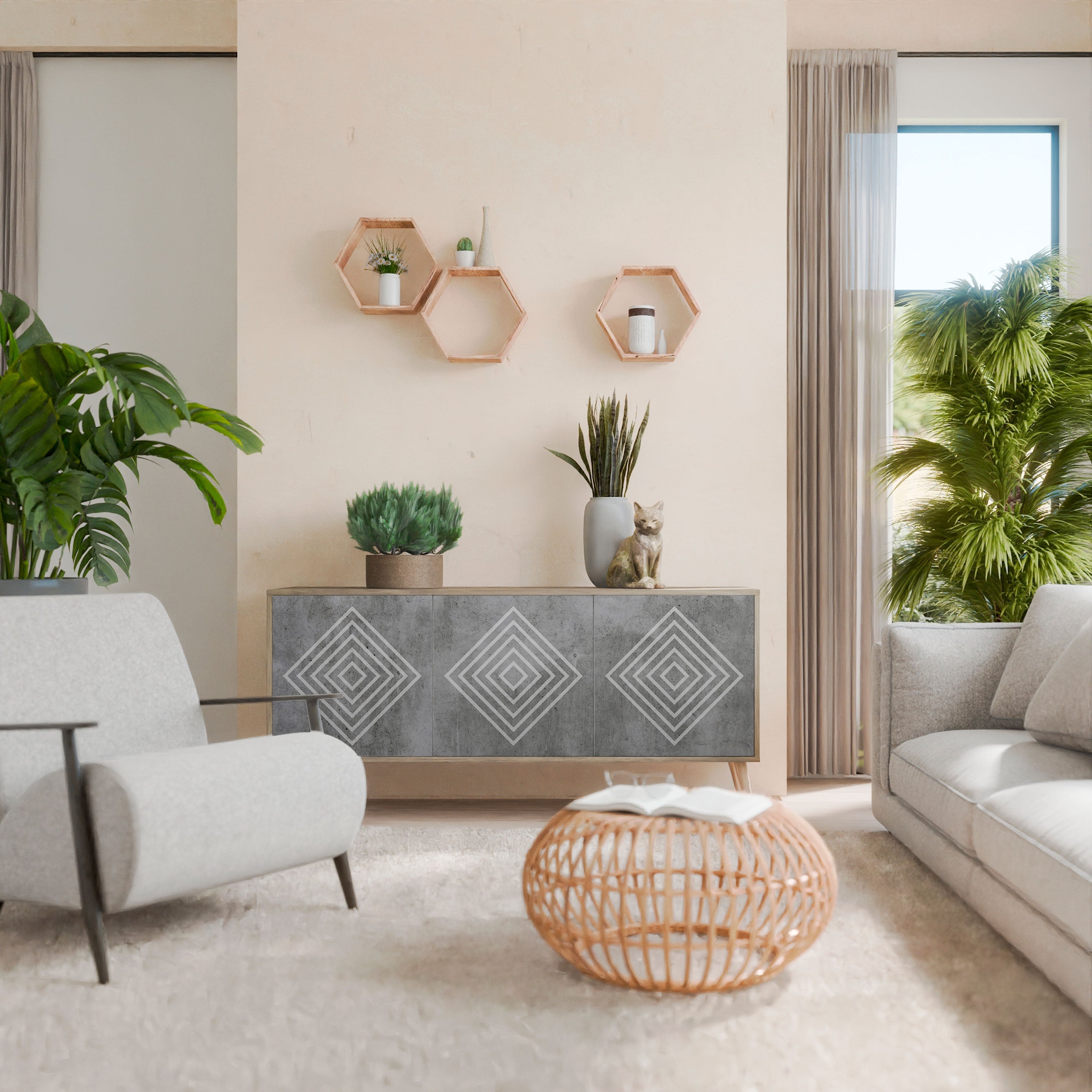 POLYGONAL ARTISTRY 3-Door Sideboard in Oak Effect