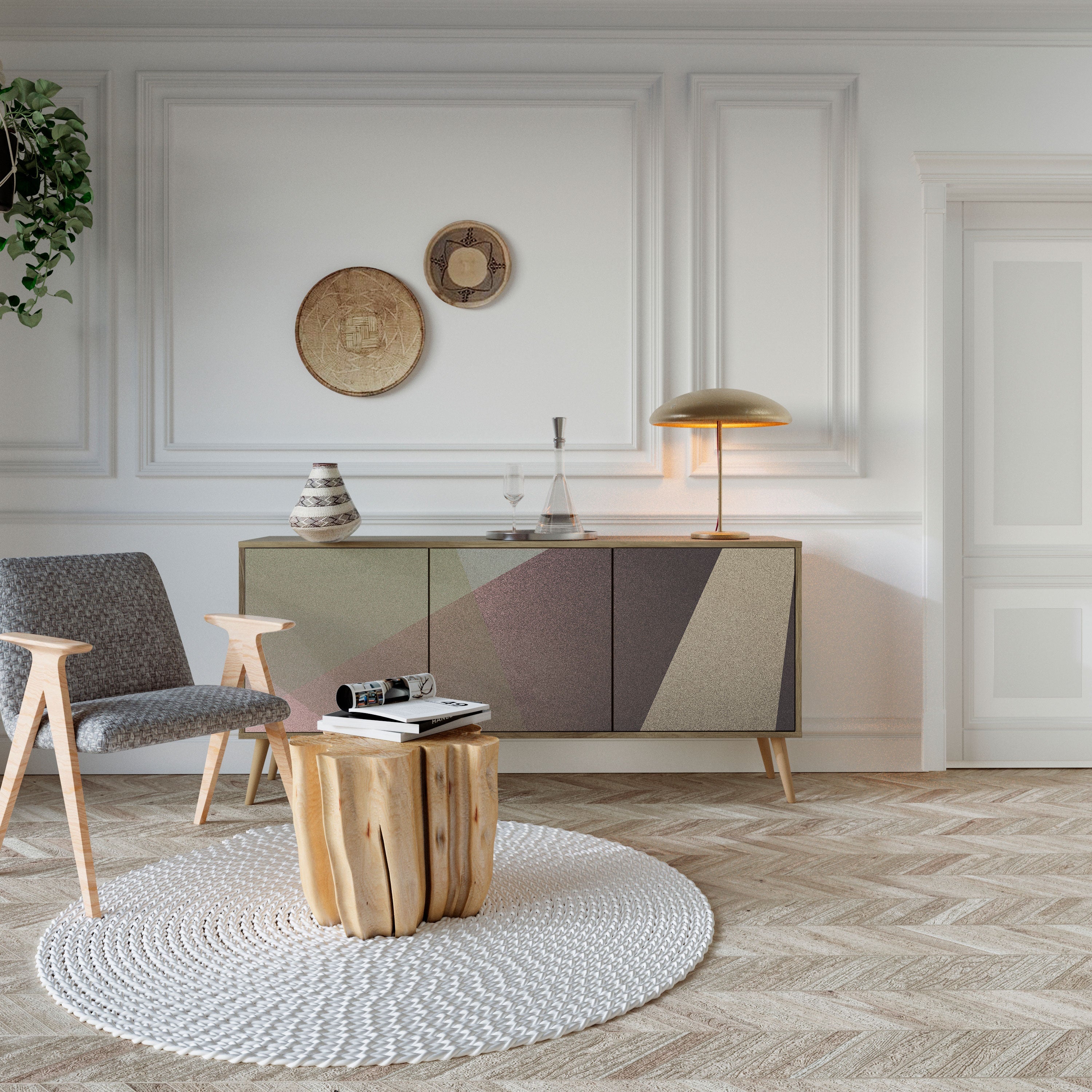 BEIGE GEOMETRY 3-türiges Sideboard in Eichenoptik