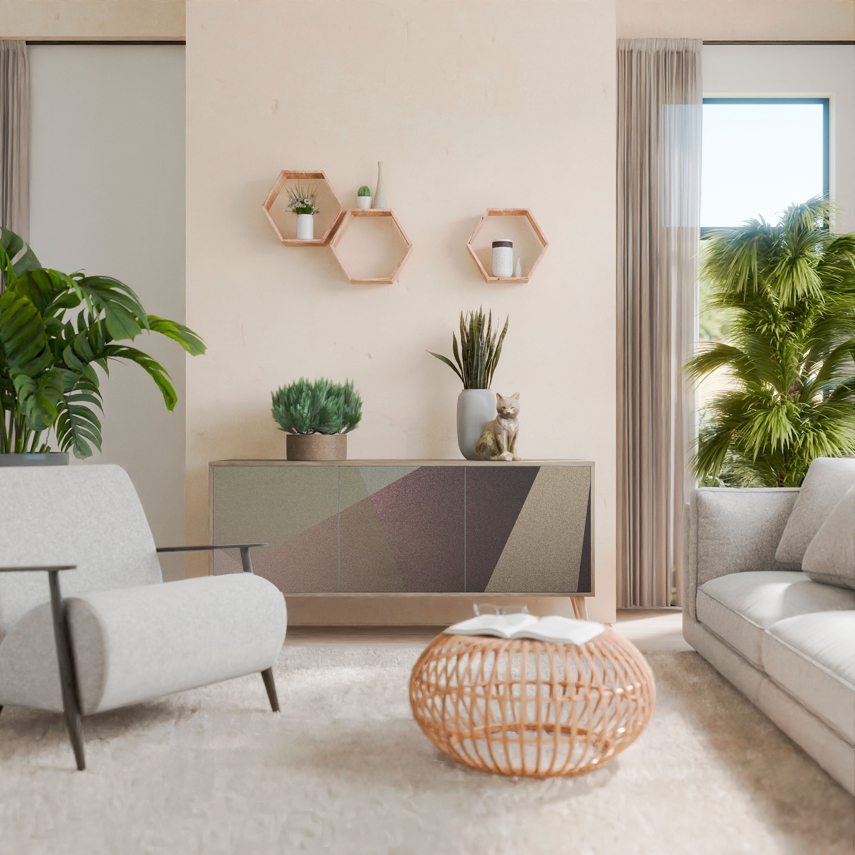 BEIGE GEOMETRY 3-türiges Sideboard in Eichenoptik