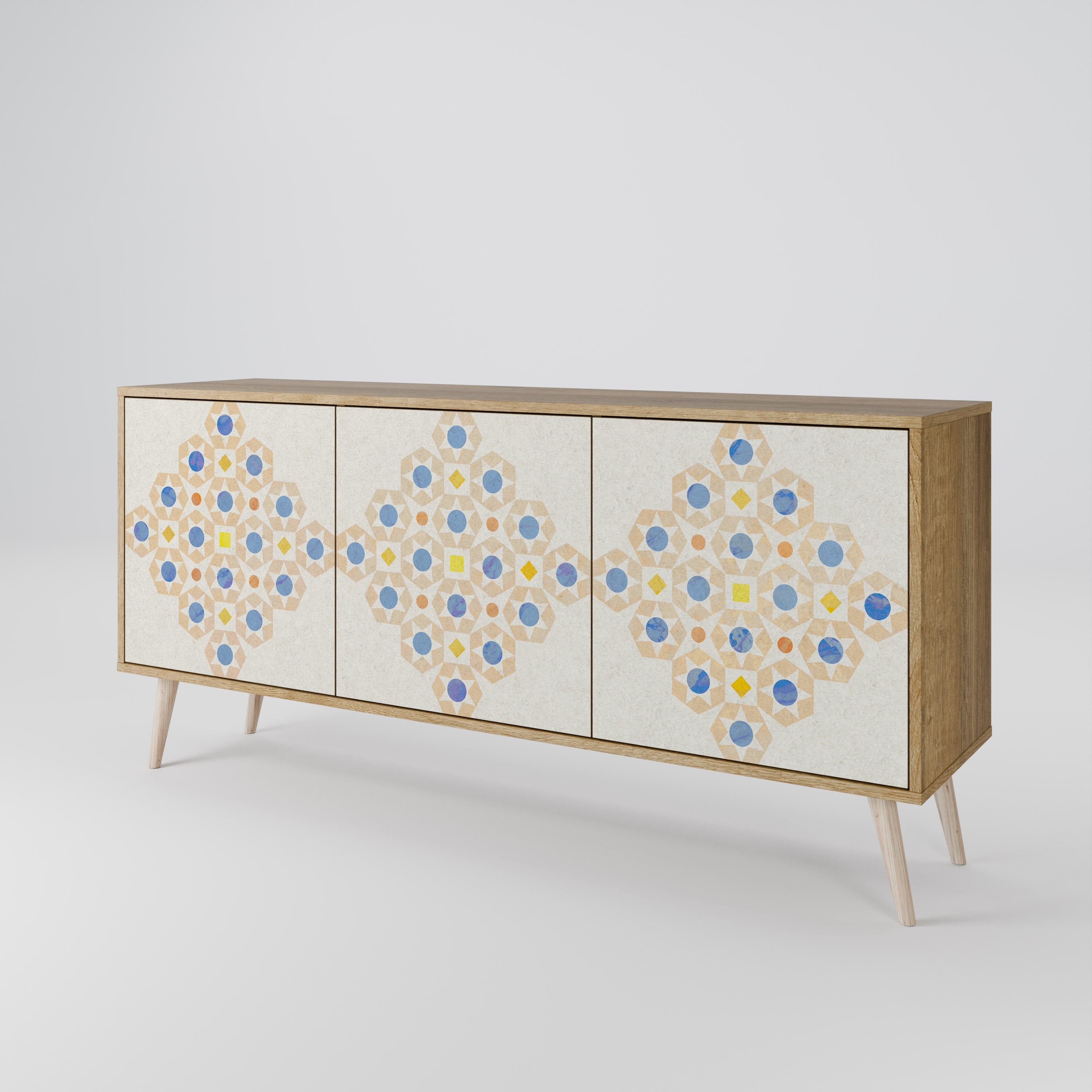 Gemustertes Prisma-Sideboard mit 3 Türen in Eichenoptik