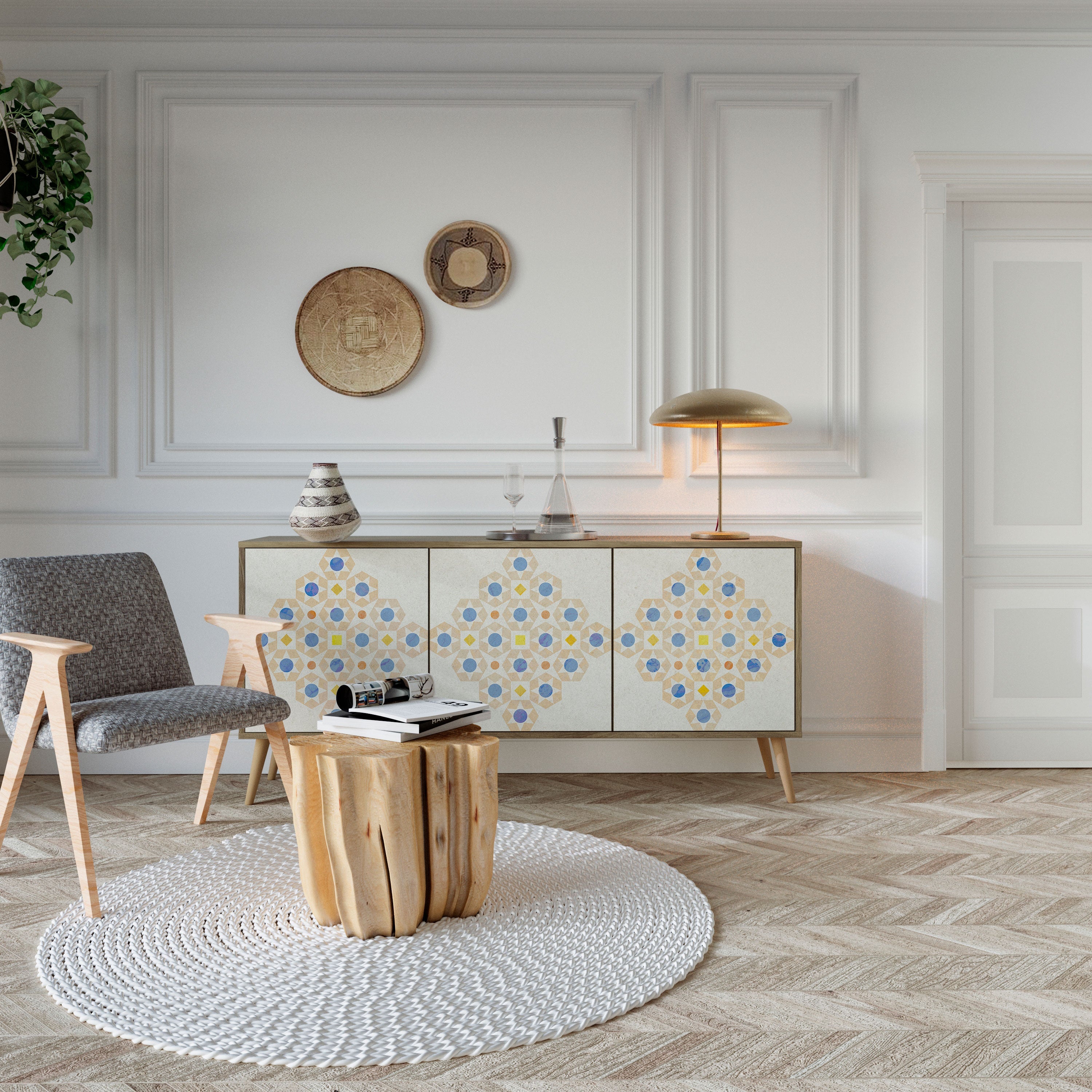 Gemustertes Prisma-Sideboard mit 3 Türen in Eichenoptik